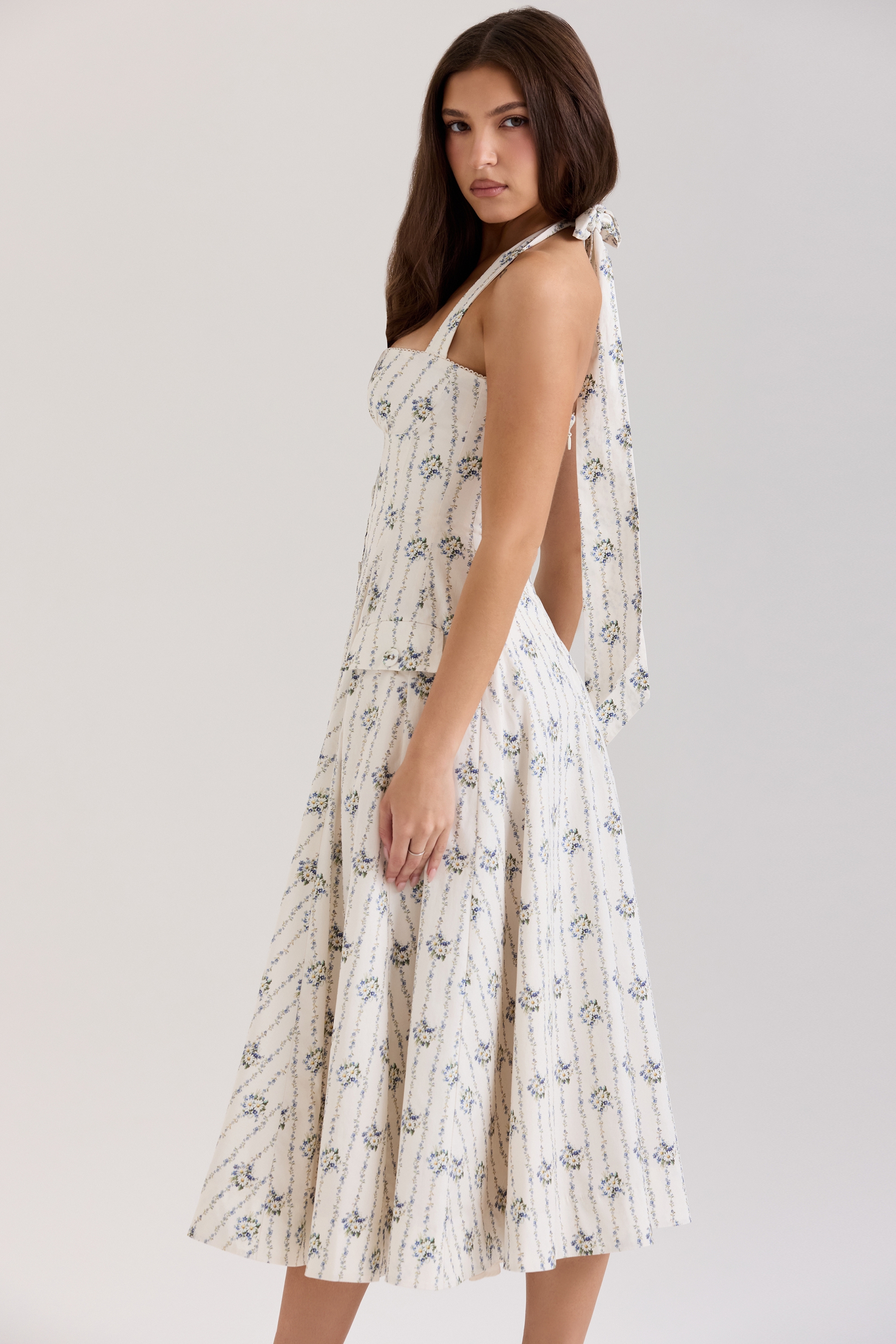 Claudia-Cream Daisy Print Stretch Cotton Halter Neck Midi Dress