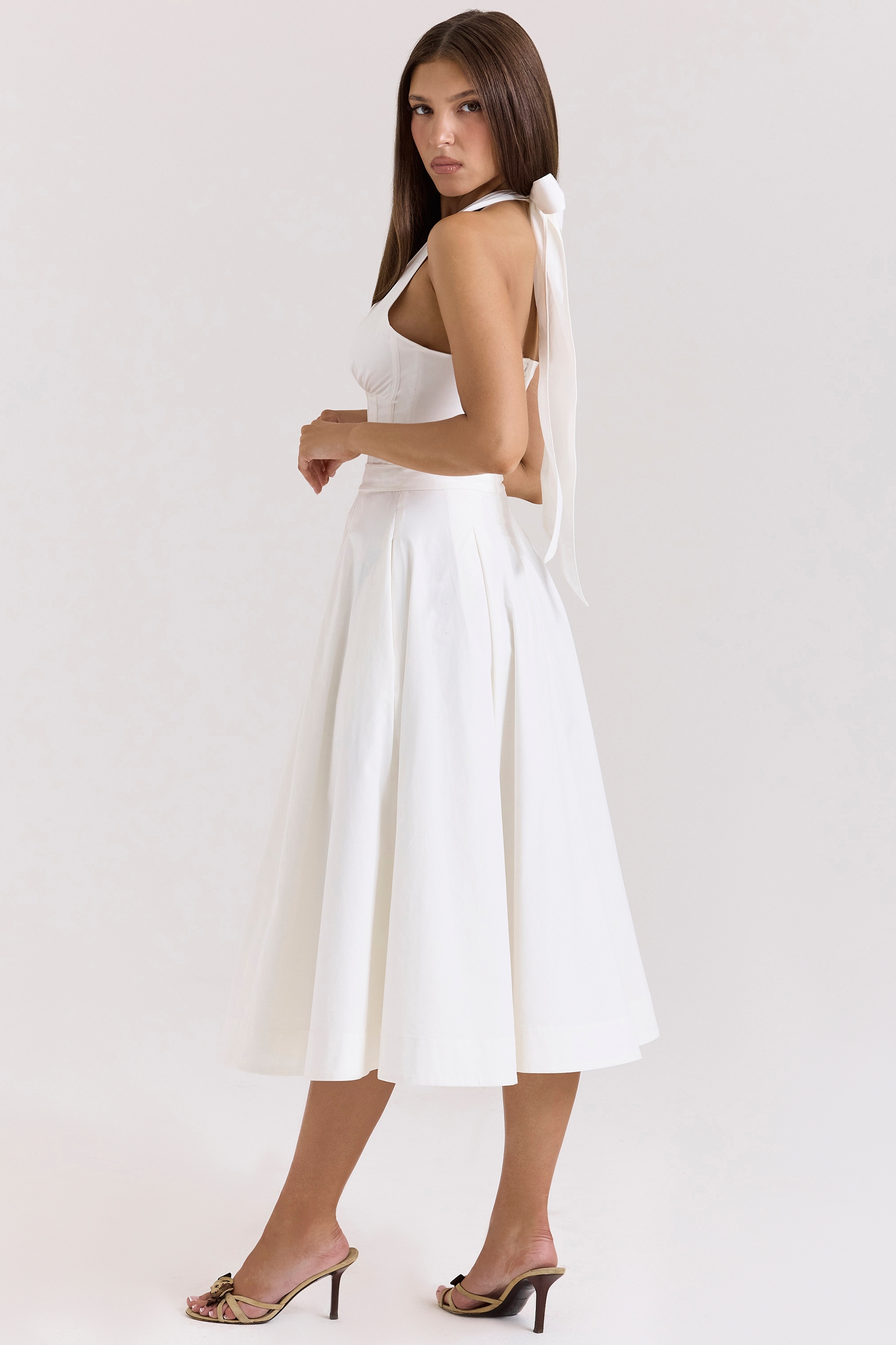 Allena-White Stretch Cotton Halter Midi Sundress