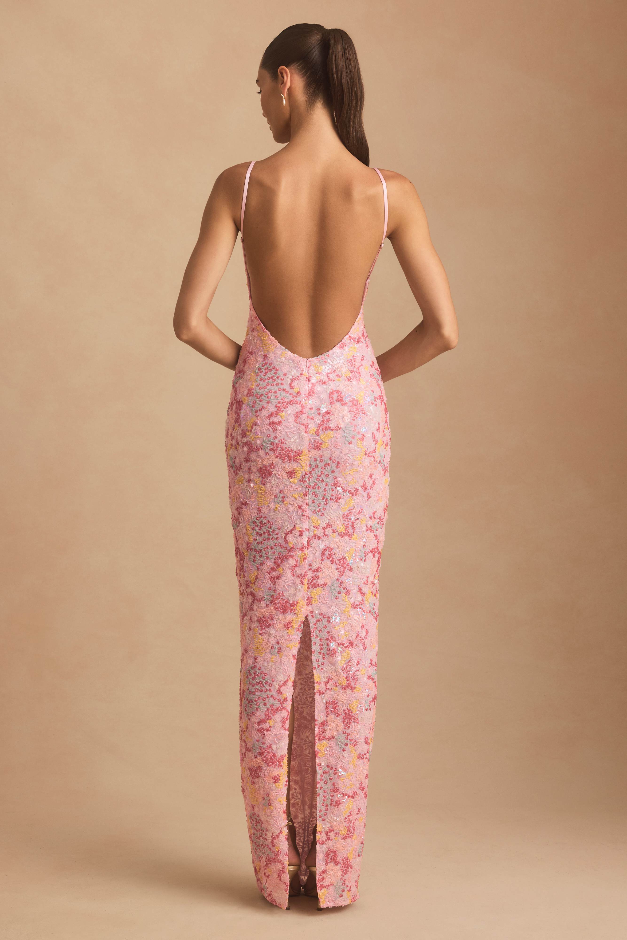 Tavira-Embellished Scoop-Neck Backless Maxi Dress in Pink