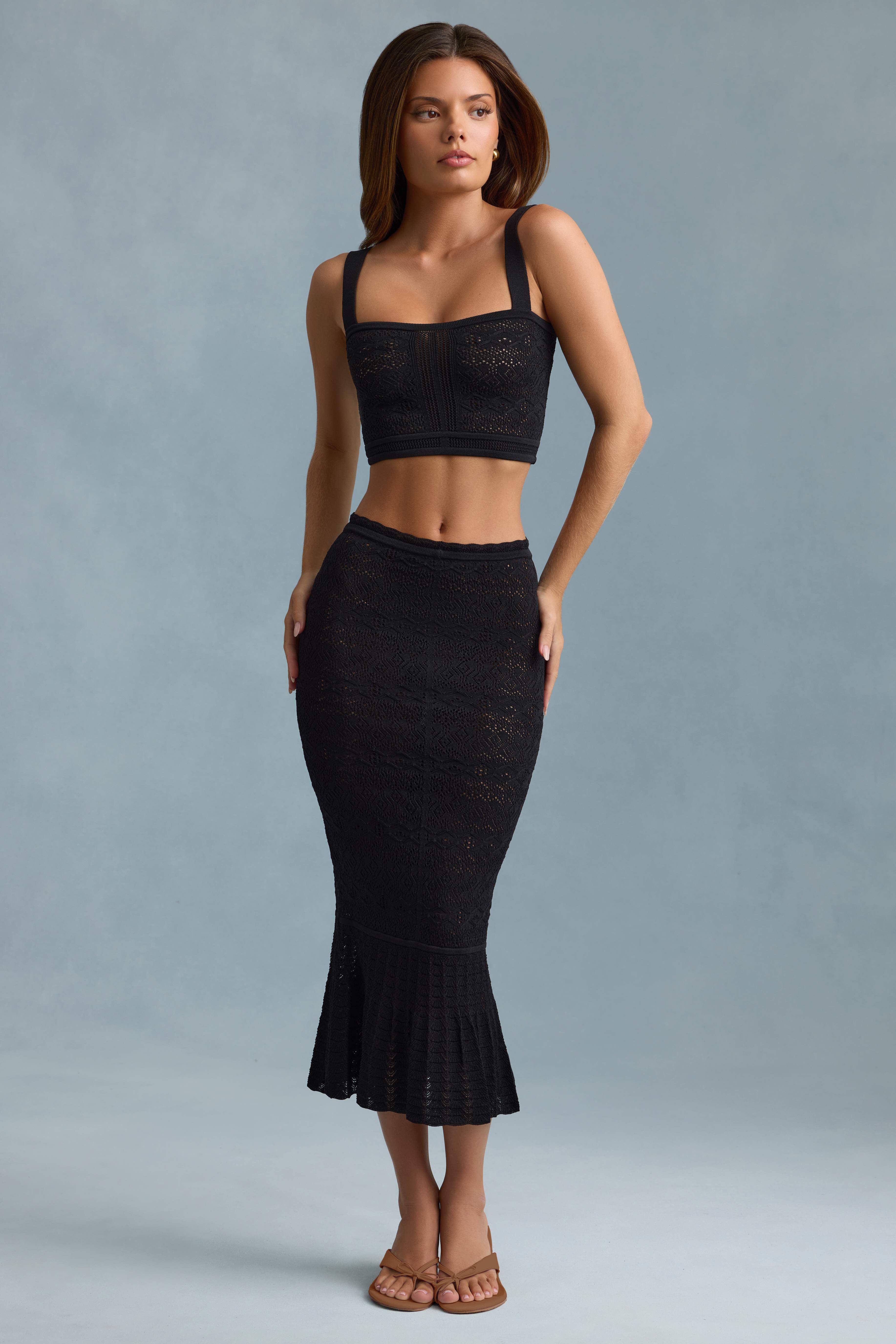 Yasira-Ruffle-Trim Pointelle-Knit Midaxi Skirt in Black