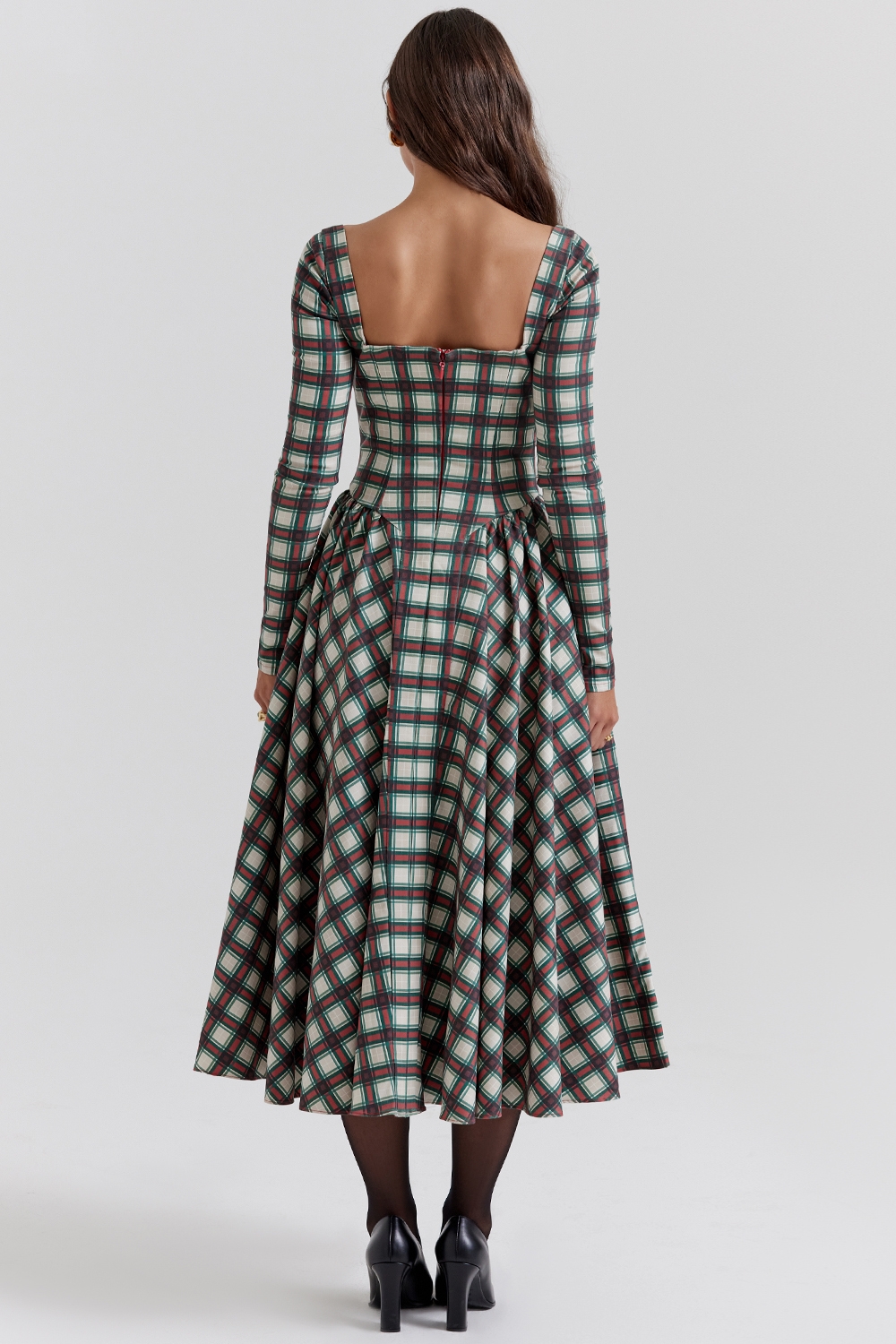 Eliza-Red Tartan Corset Midi Dress