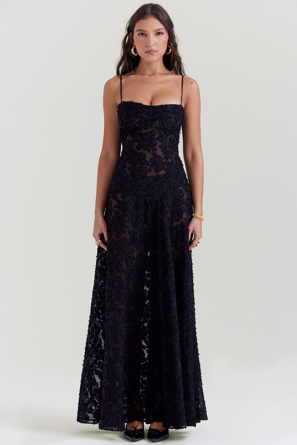 Seren-Black Floral Lace Back Maxi Dress