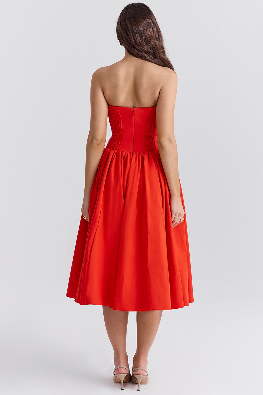Elizabeth-Italian Tomato Strapless Midi Sundress