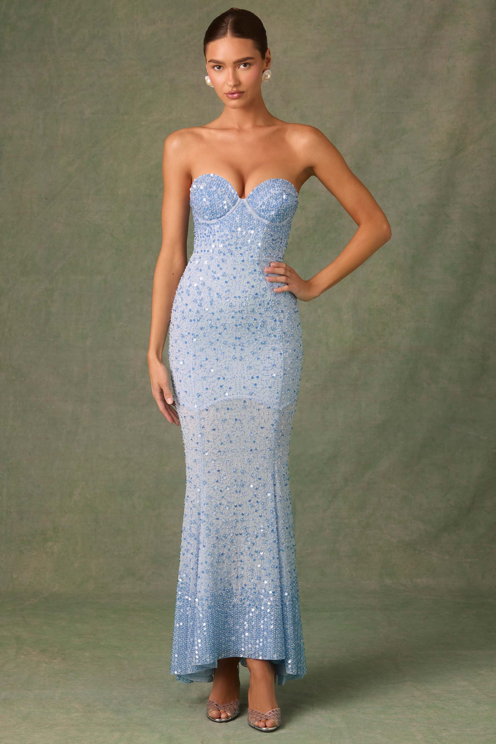 Vesna-Embellished Sweetheart-Neck Fishtail Gown in Sky Blue