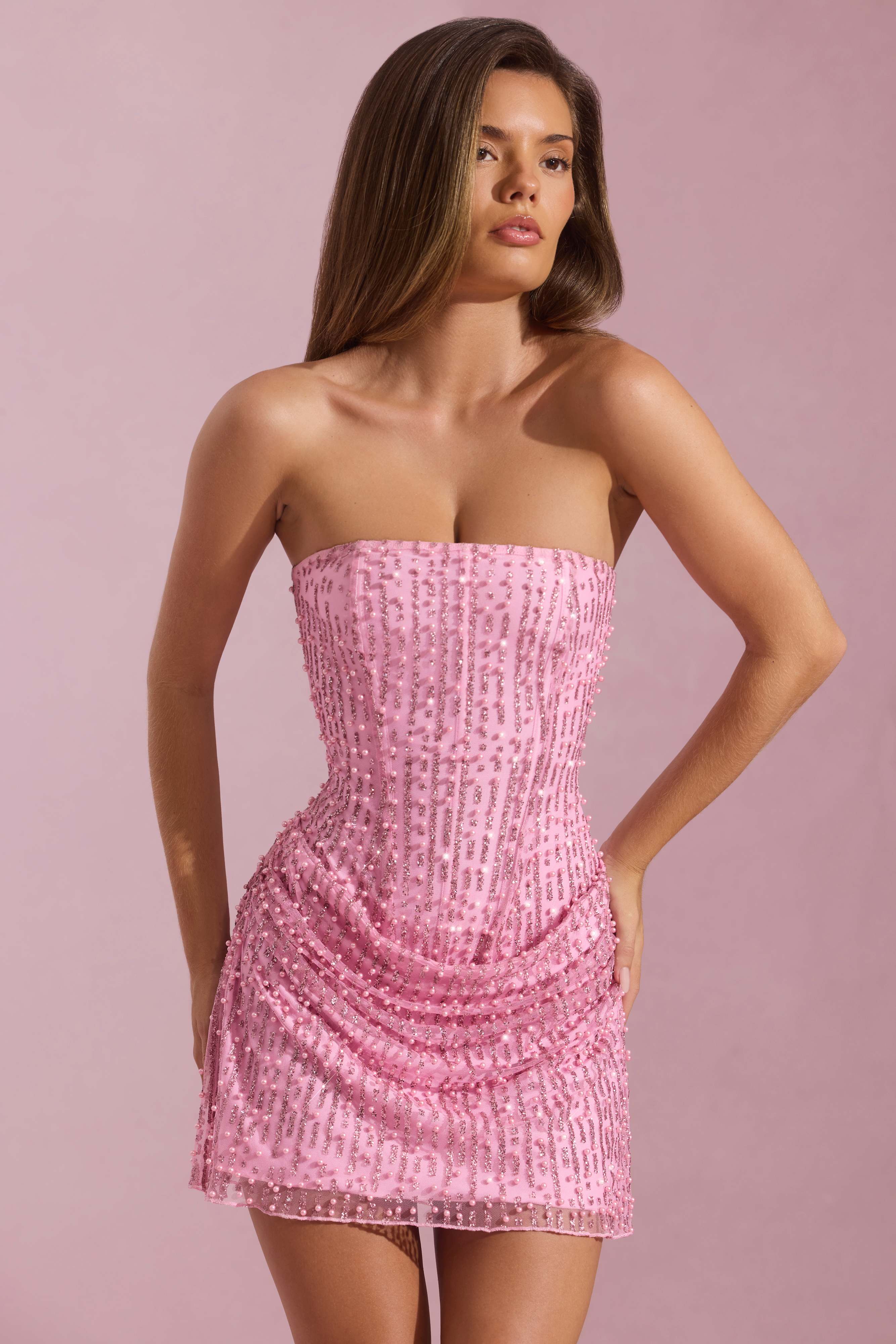 Ziya-Embellished Draped Strapless A-Line Mini Dress in Pink