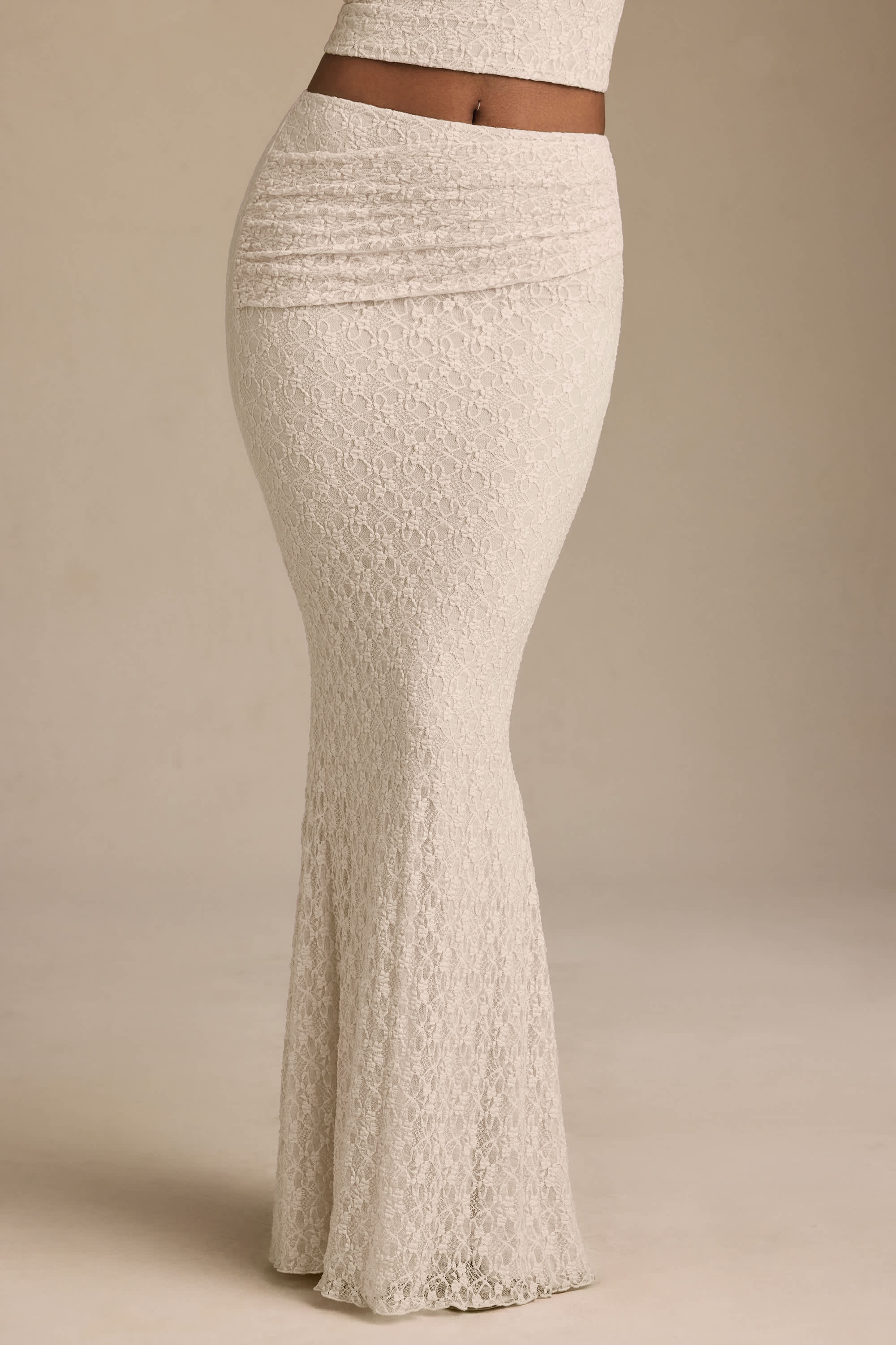 Vanda-Draped Low-Rise Lace Maxi Skirt in Ivory