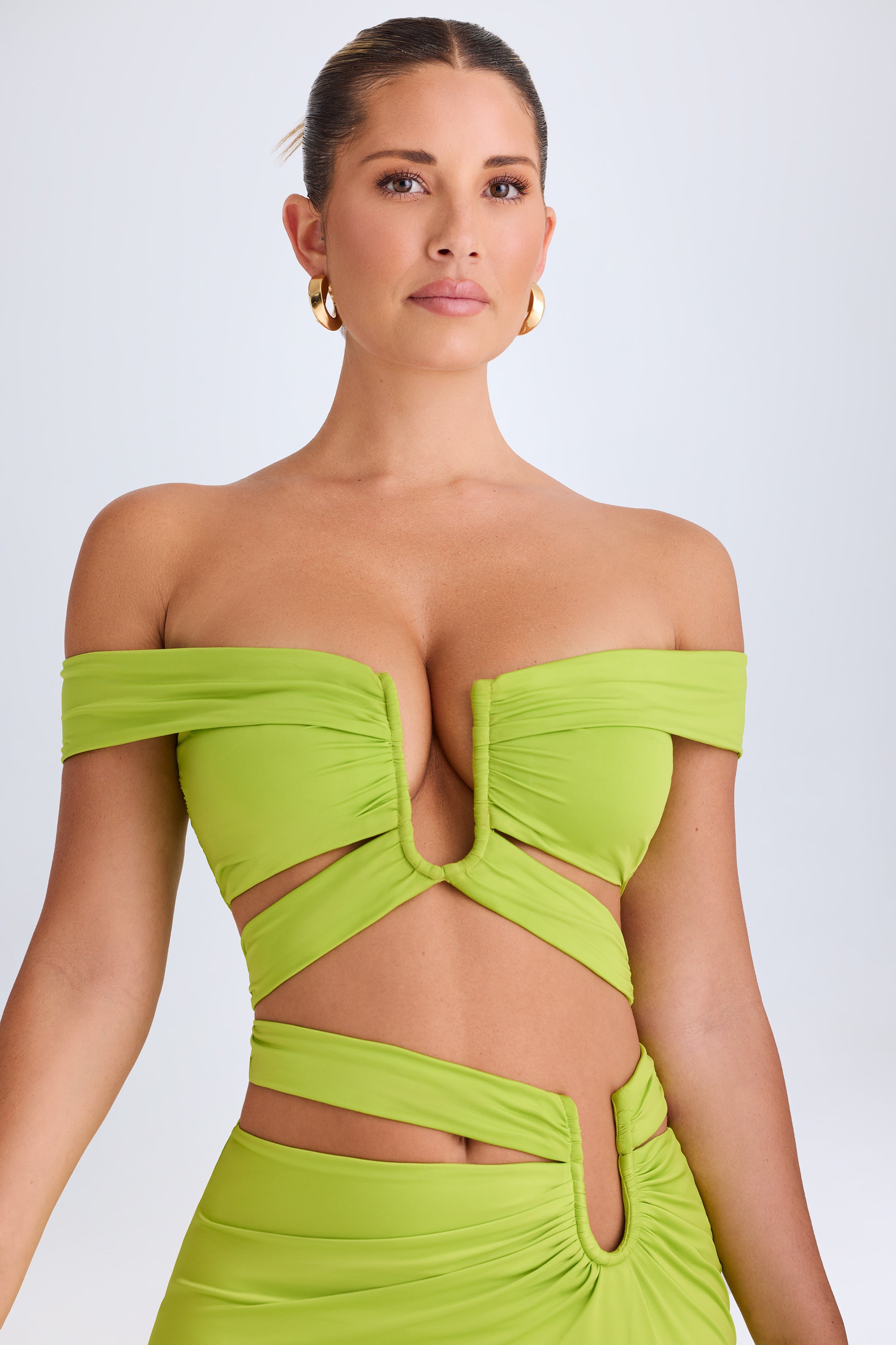 Zene-Cut-Out Off-Shoulder Crop Top in Lime Green