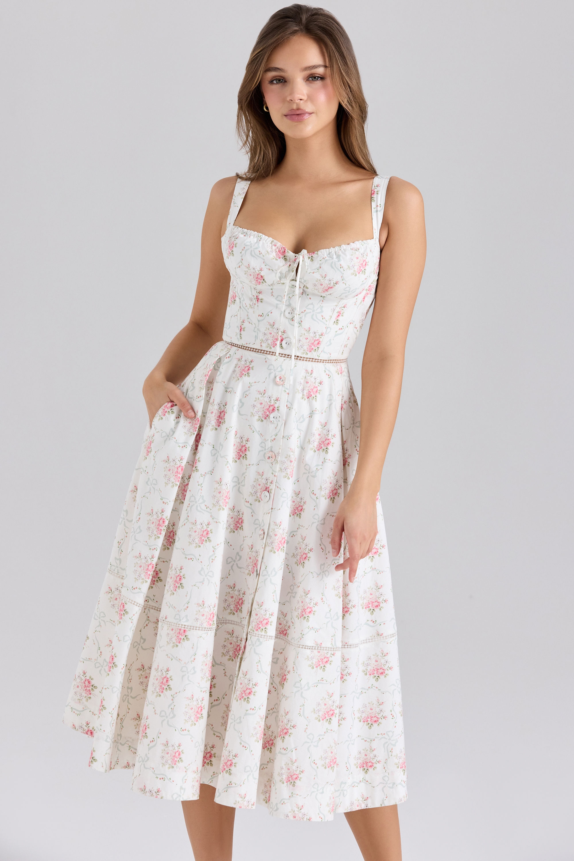 Chiarina-Rose Print Cotton Button Front Midi Dress
