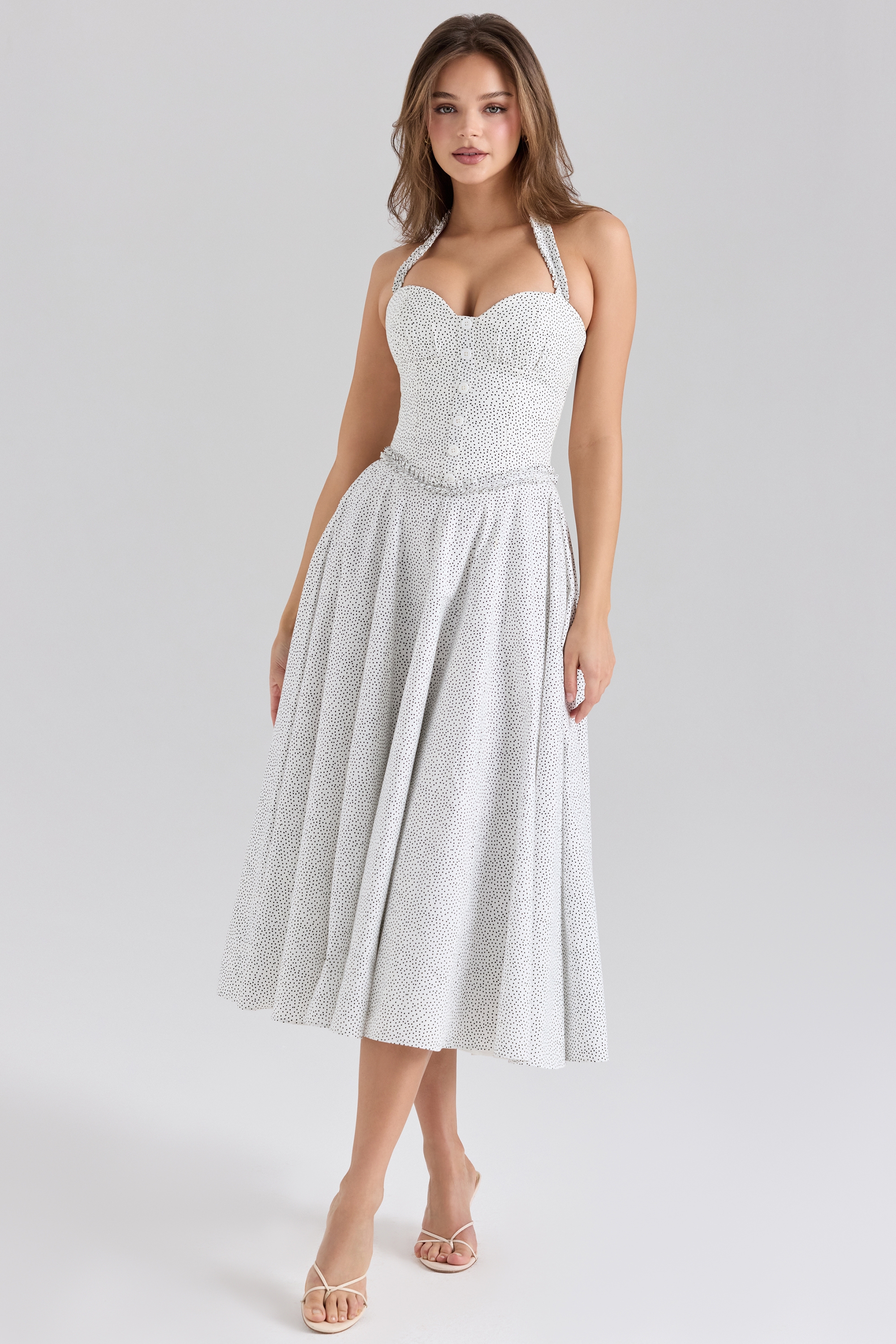 Georgie-Cotton Halter Neck Polka Dot Print Midi Dress