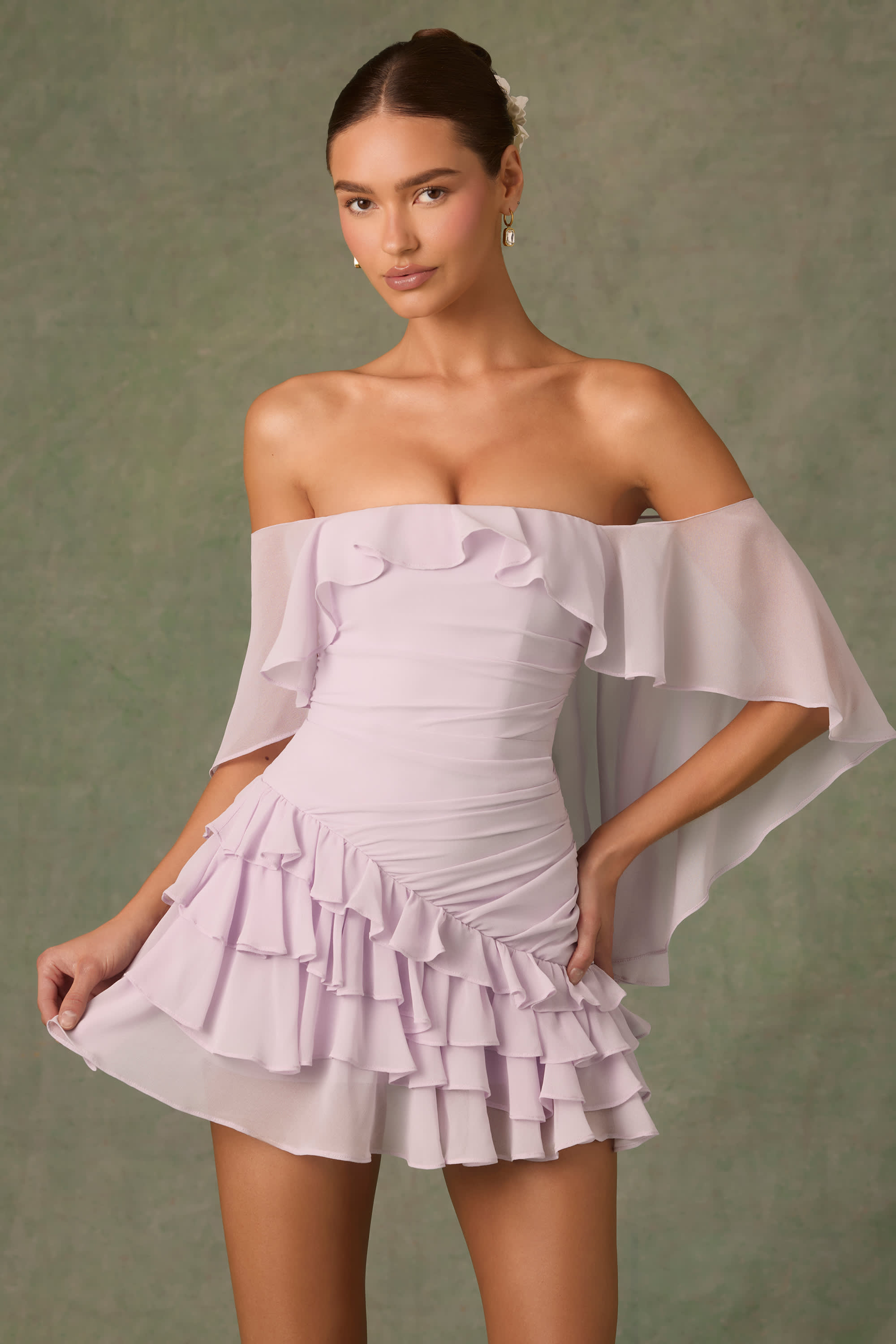 Birdie-Off-Shoulder Ruffled Mini Dress in Lilac