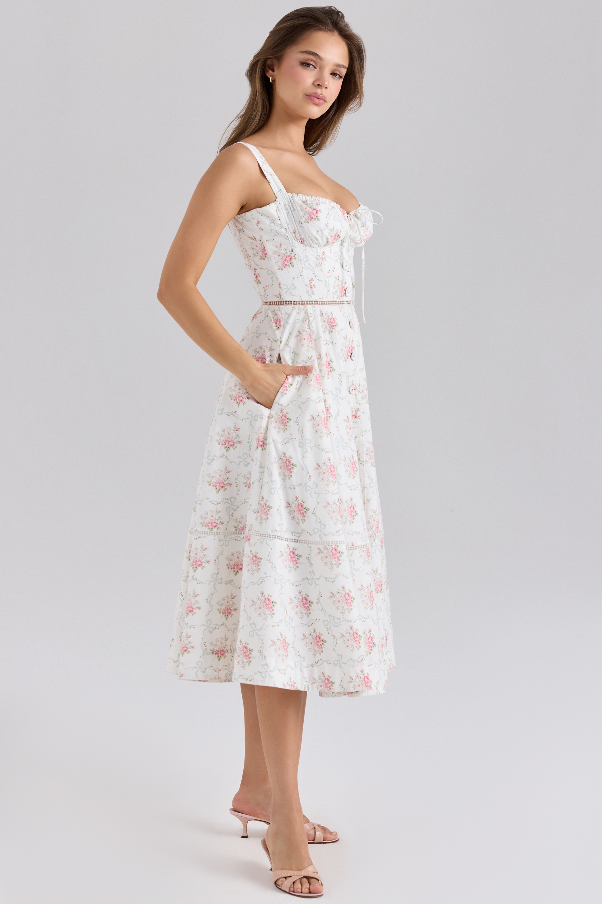 Chiarina-Rose Print Cotton Button Front Midi Dress