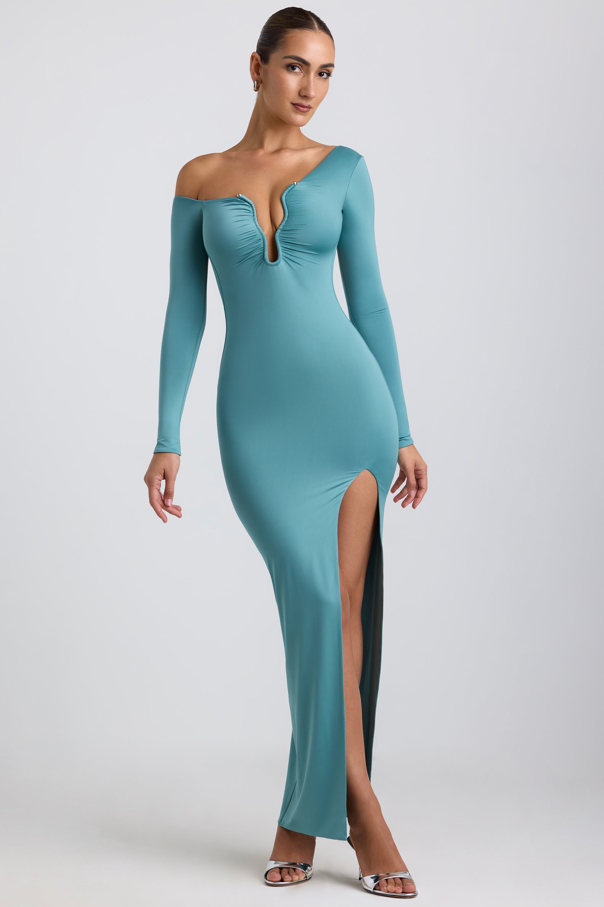 Valeda-Slinky Jersey Asymmetric Ruched Hardware Detail Maxi Dress in Sea Green