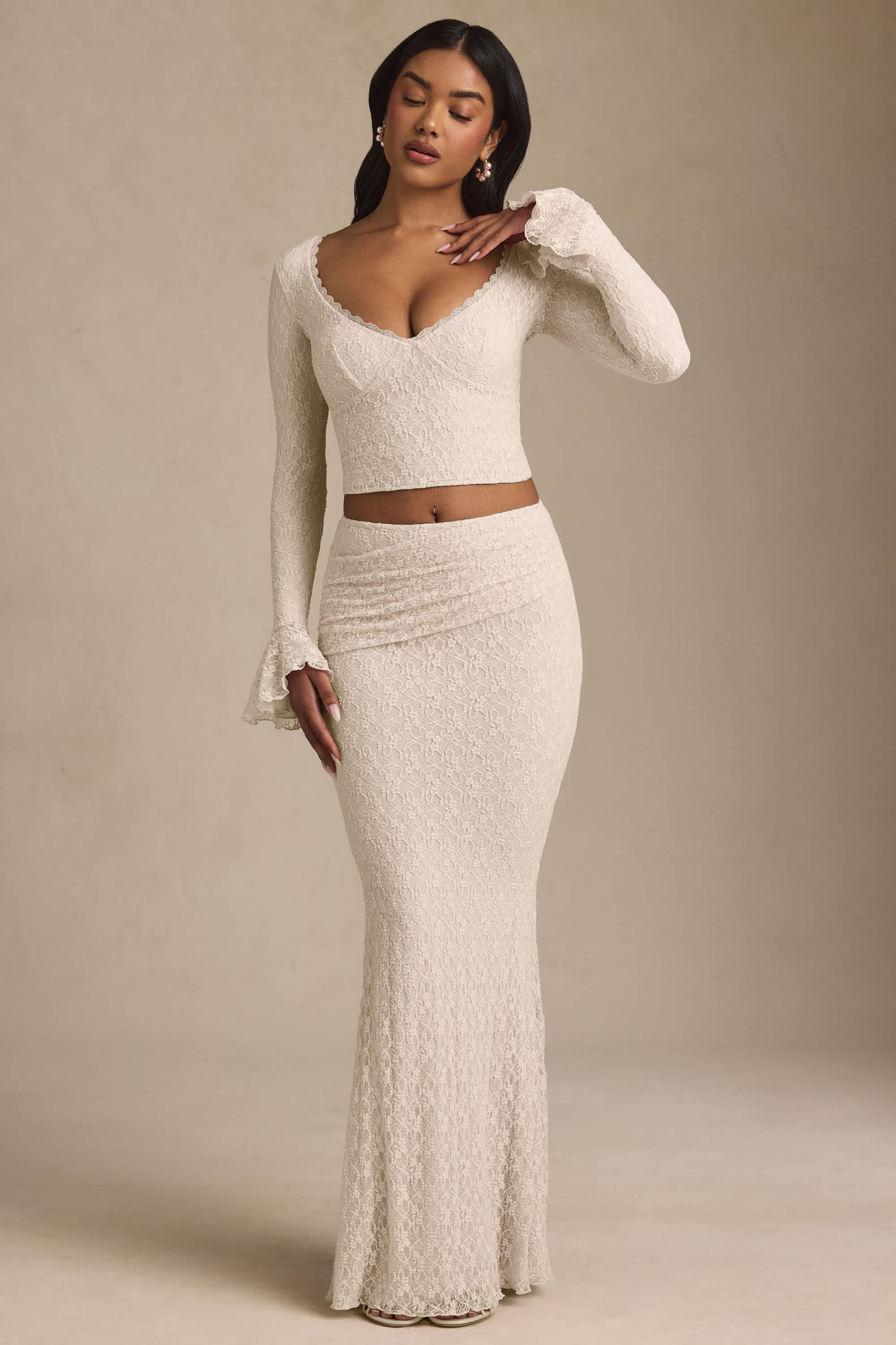 Vanda-Draped Low-Rise Lace Maxi Skirt in Ivory