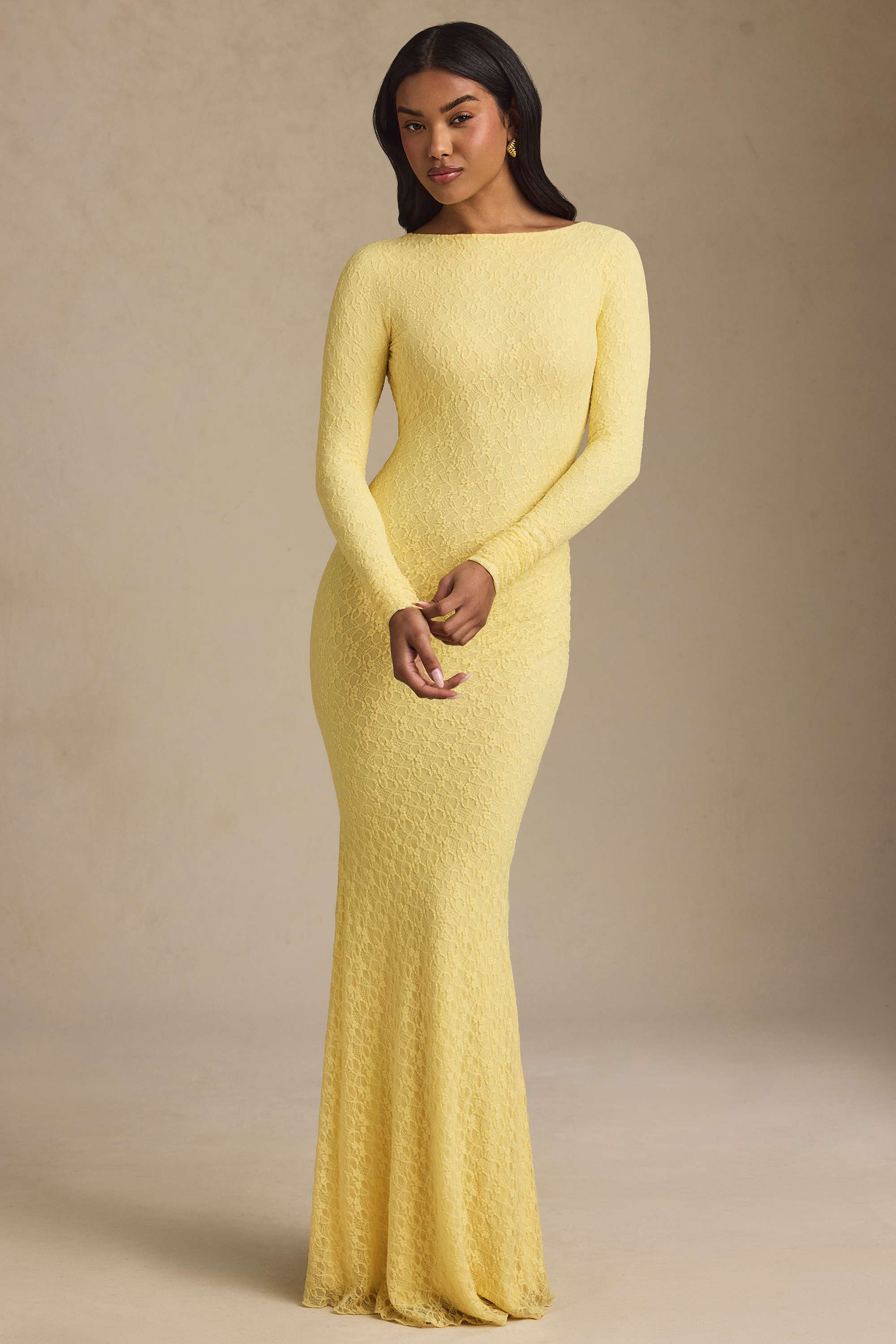 Tarini-Ruched Backless Lace Maxi Dress in Pastel Yellow