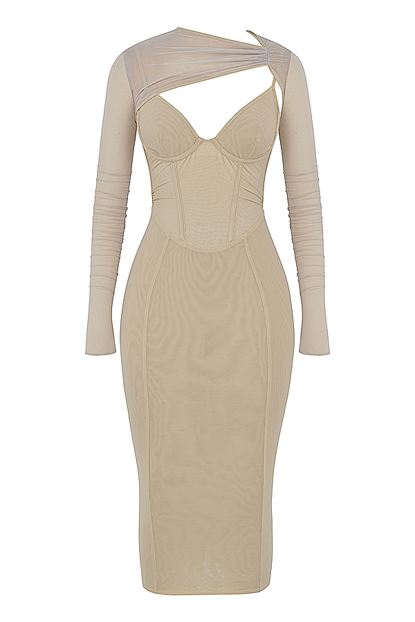 Beatrice-Beige Corset Midi Dress