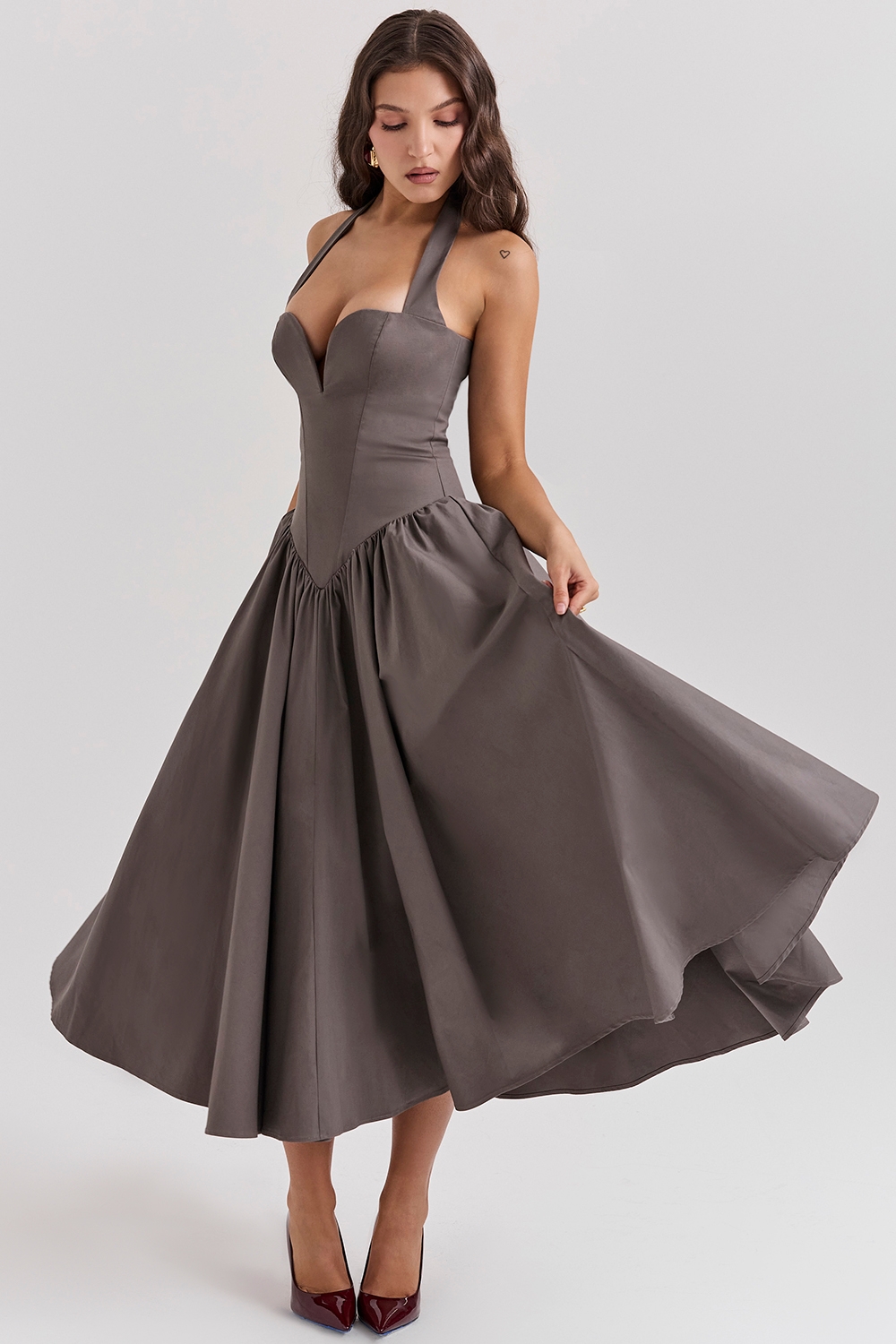 Coquette-Smoke Halter Midi Dress