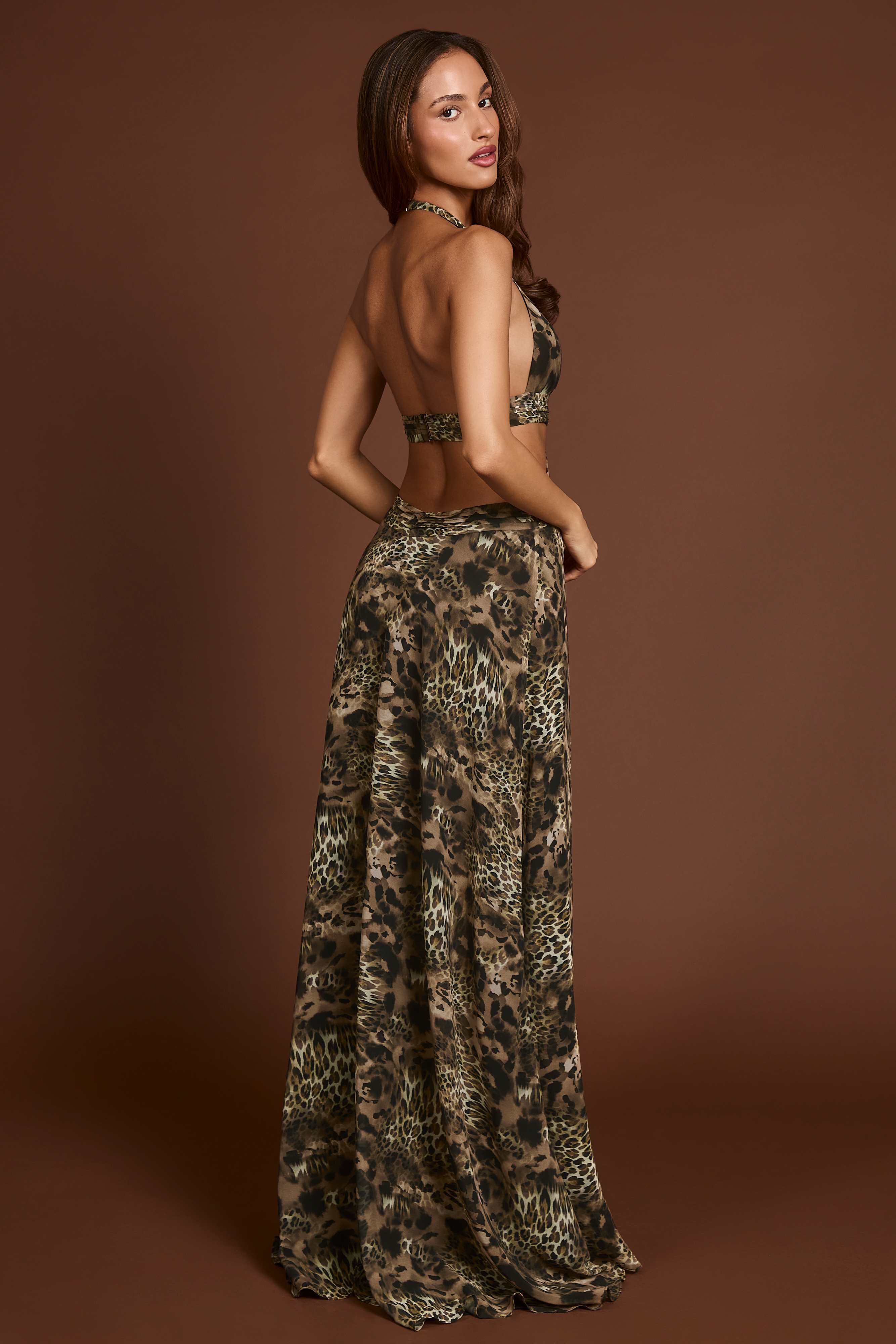 Tarsia-Plunge Cut-out Maxi Gown in Leopard Print