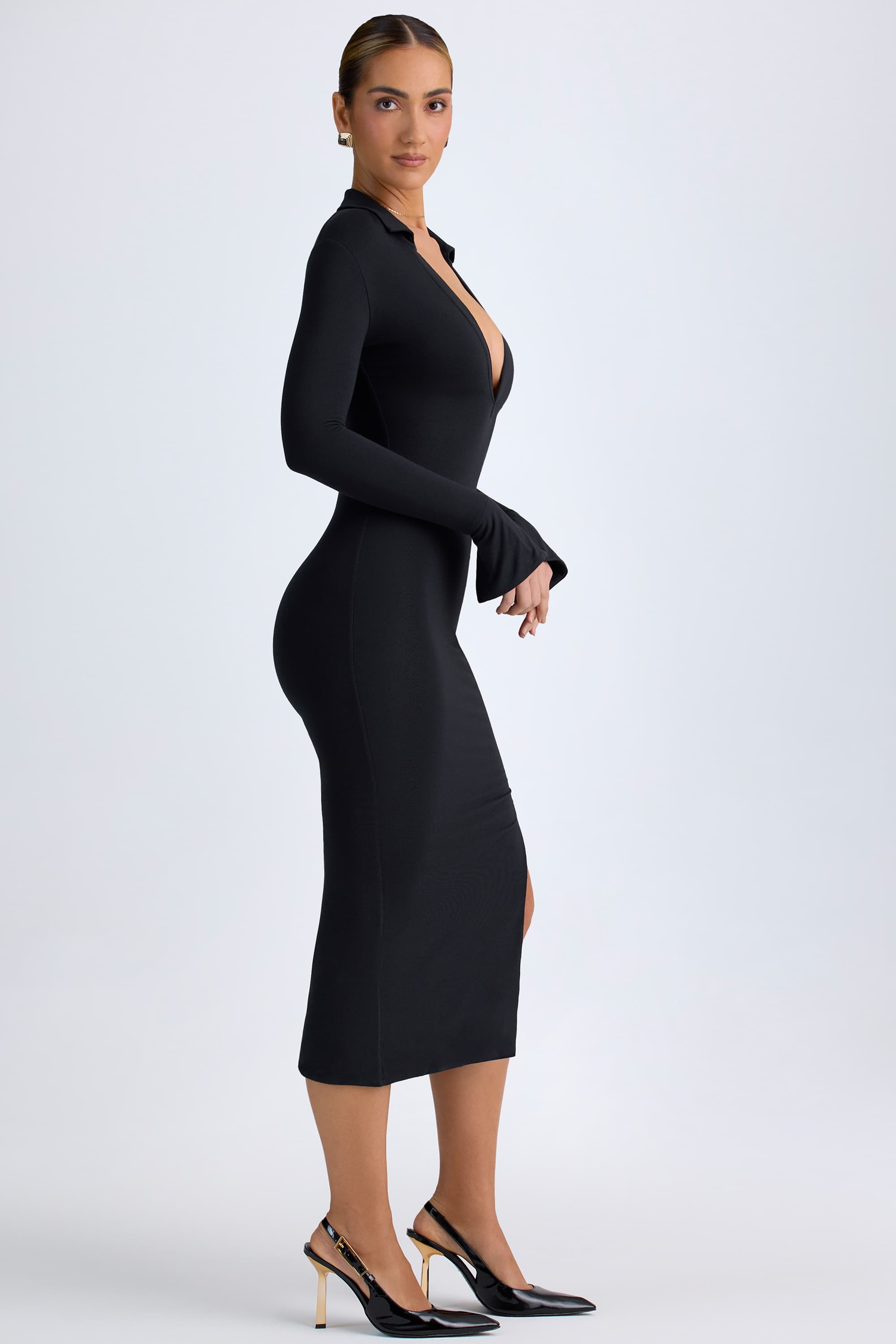 Yael-Modal Plunge V-Neck Midaxi Dress in Black
