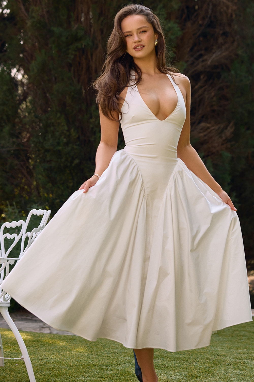 Marilyn-White Cotton Halter Midi Sundress