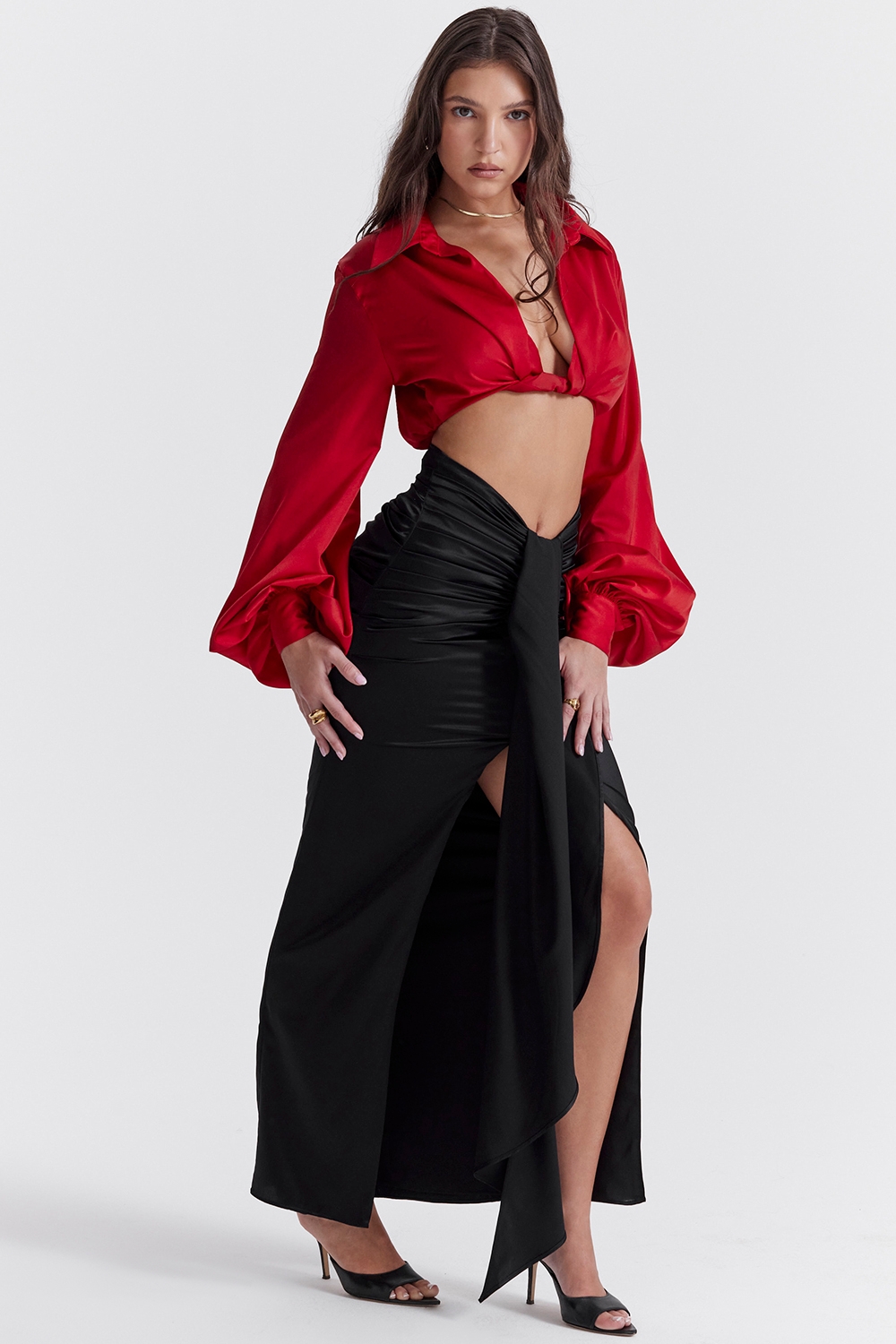 Arla-Black Draped Silk Maxi Skirt