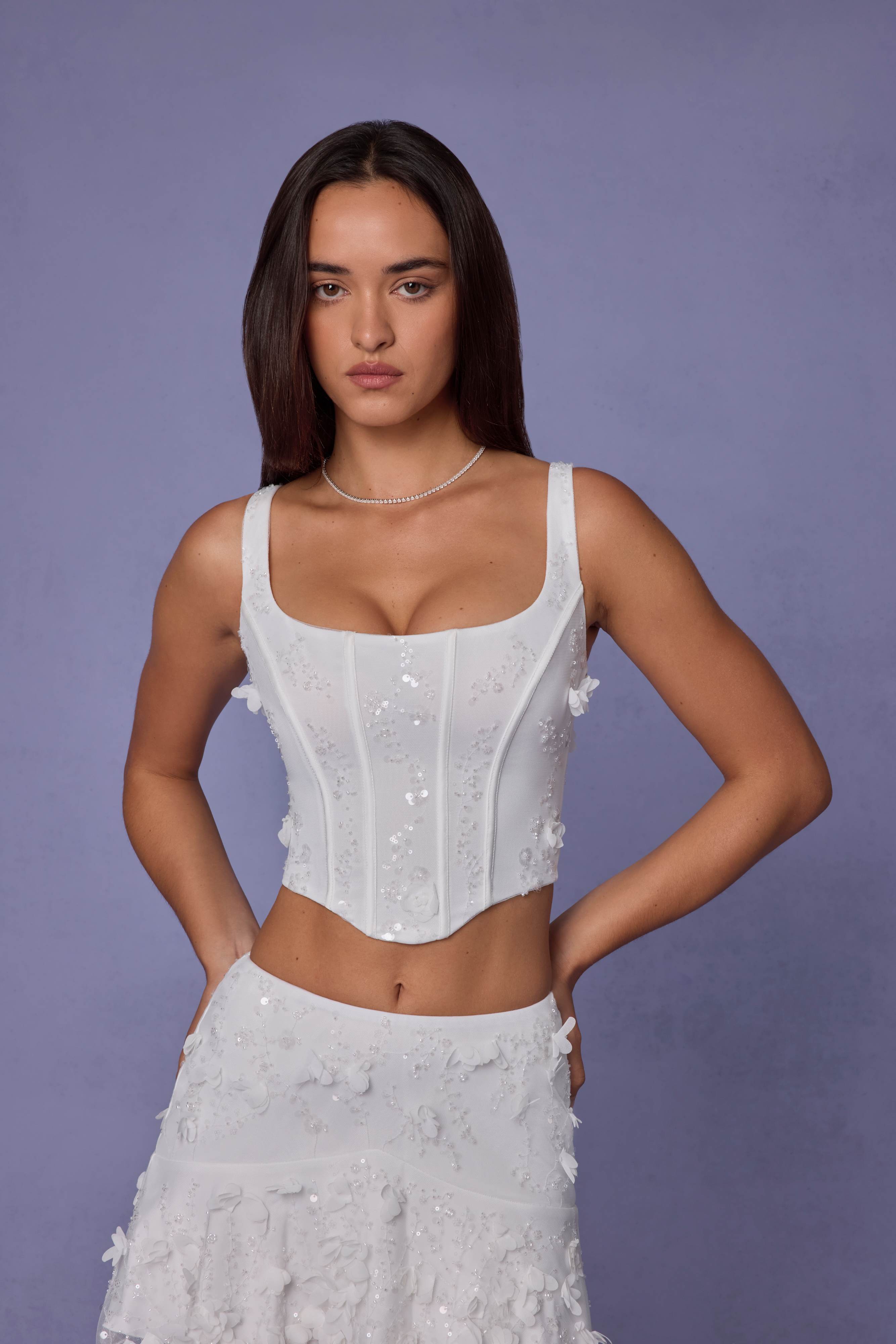 Letitia-Embellished Lace-Up Corset Top in White