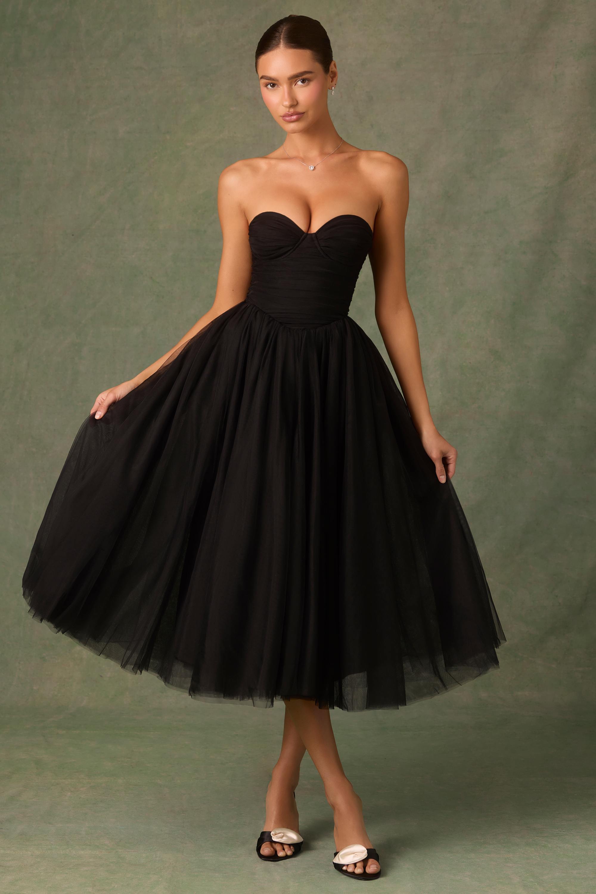 Cindy-Tulle Corset Midaxi Dress in Black