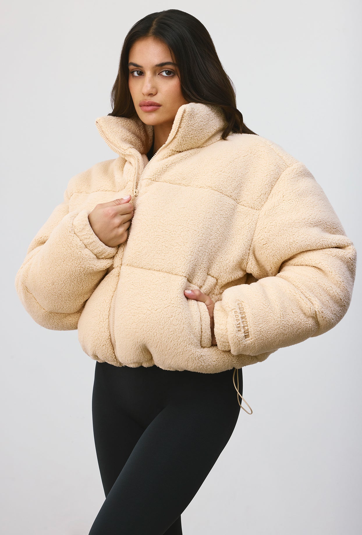 Terry Fleece Puffer Jacket in Beige