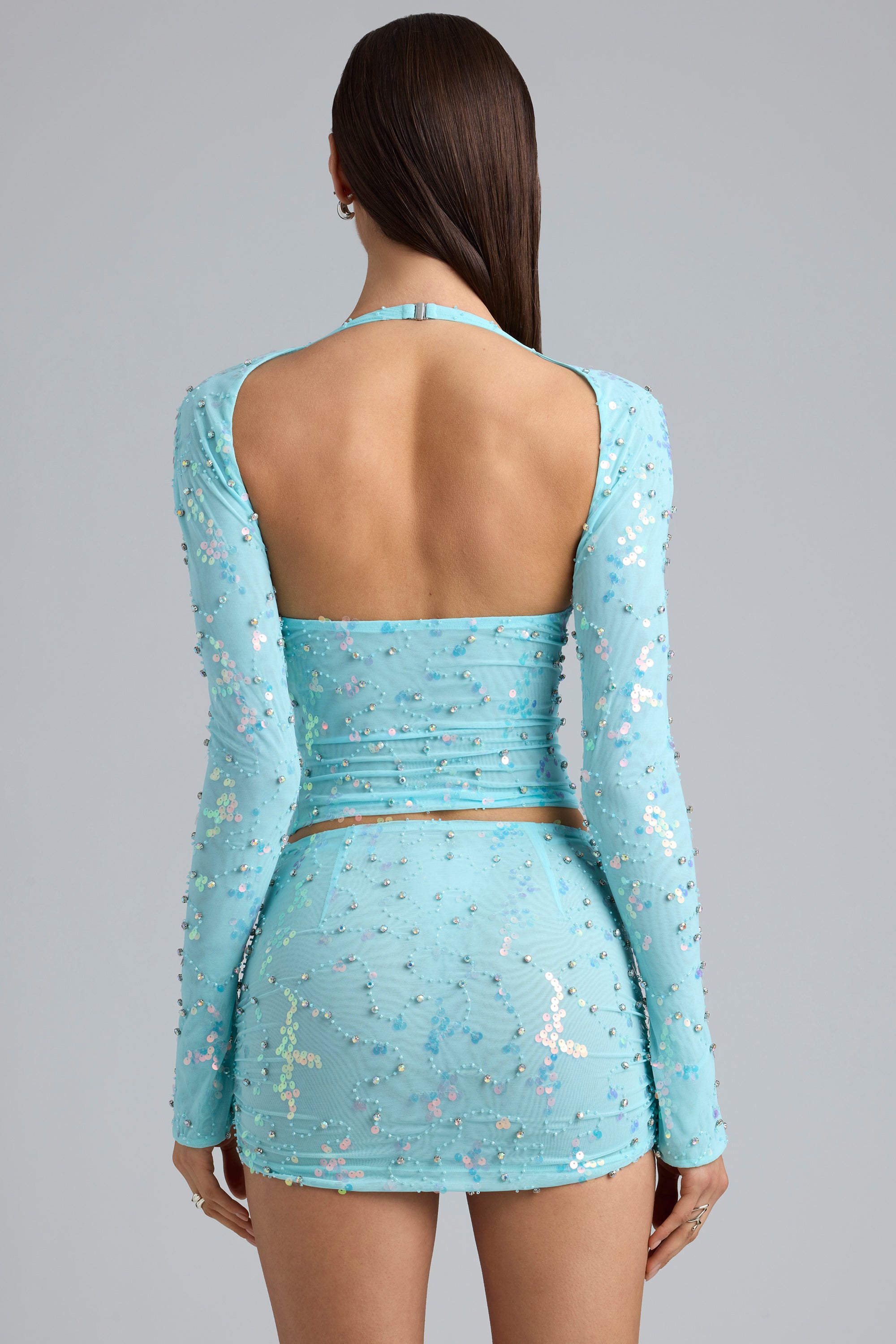 Liana-Embellished Cut-Out Halterneck Top in Ice Blue