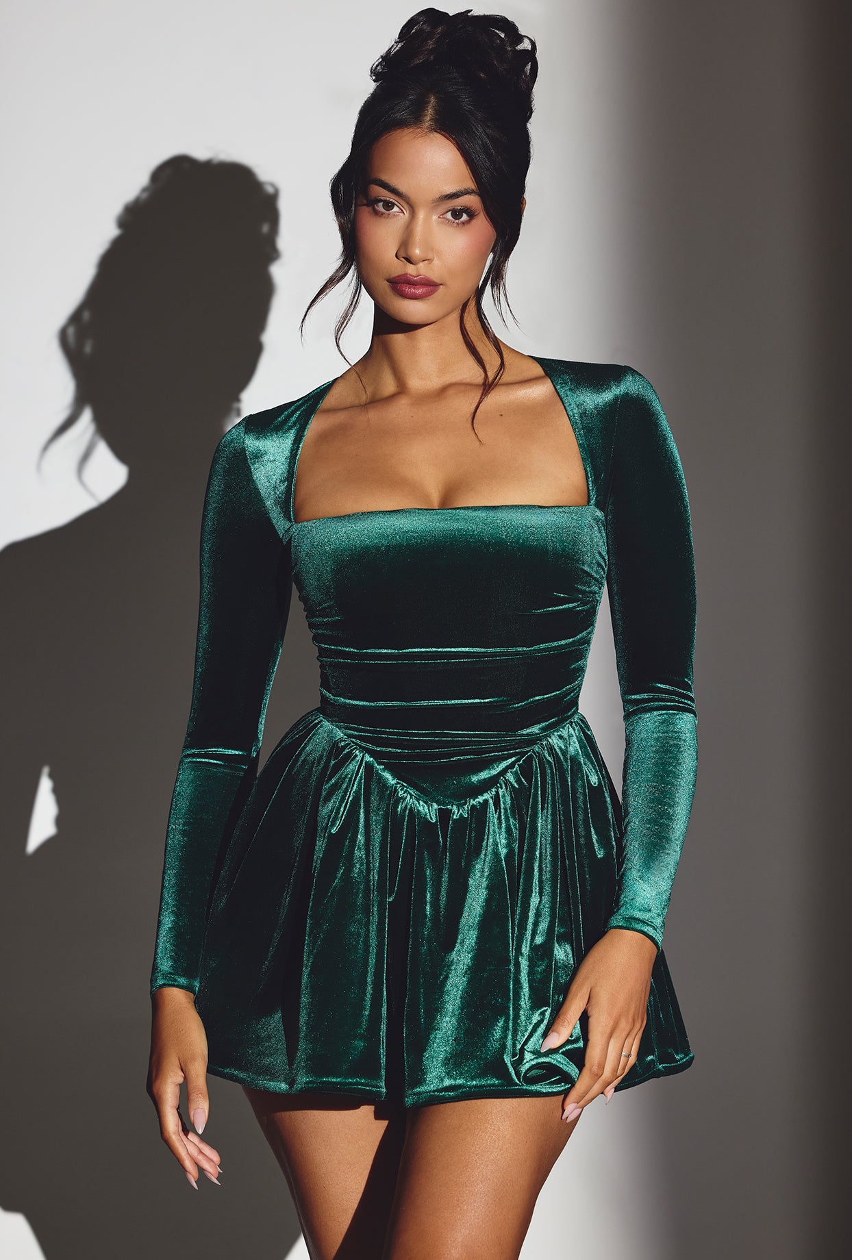 Tera-Velvet Long Sleeve Corset Mini Dress in Emerald Green