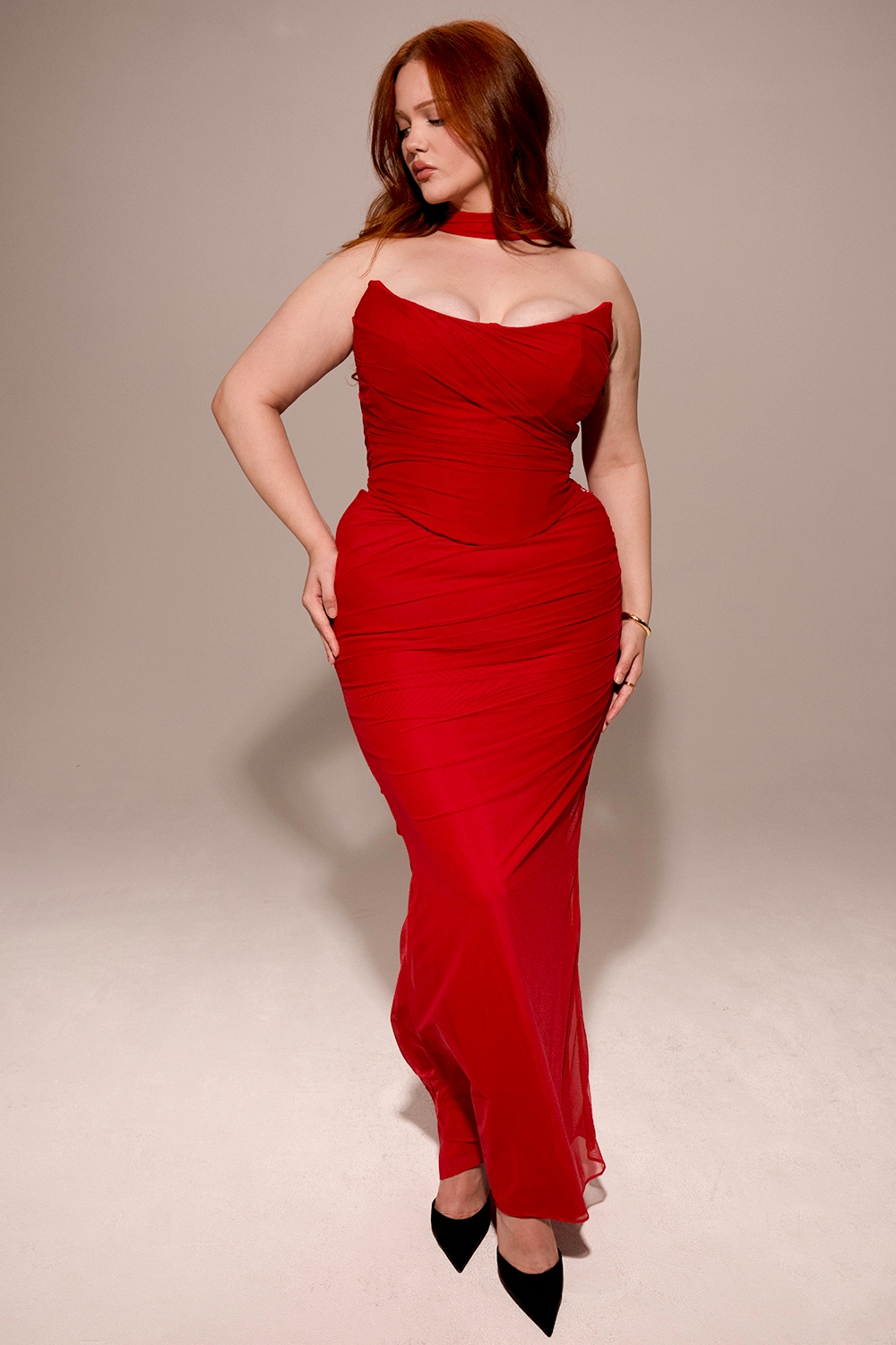 Cassidy-Holly Red Mesh Maxi Skirt with Fluted Hem