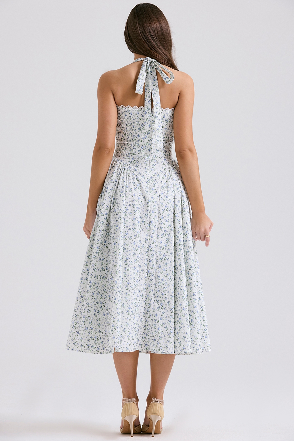 Adabella-White Bluebell Print Cotton Halter Sundress