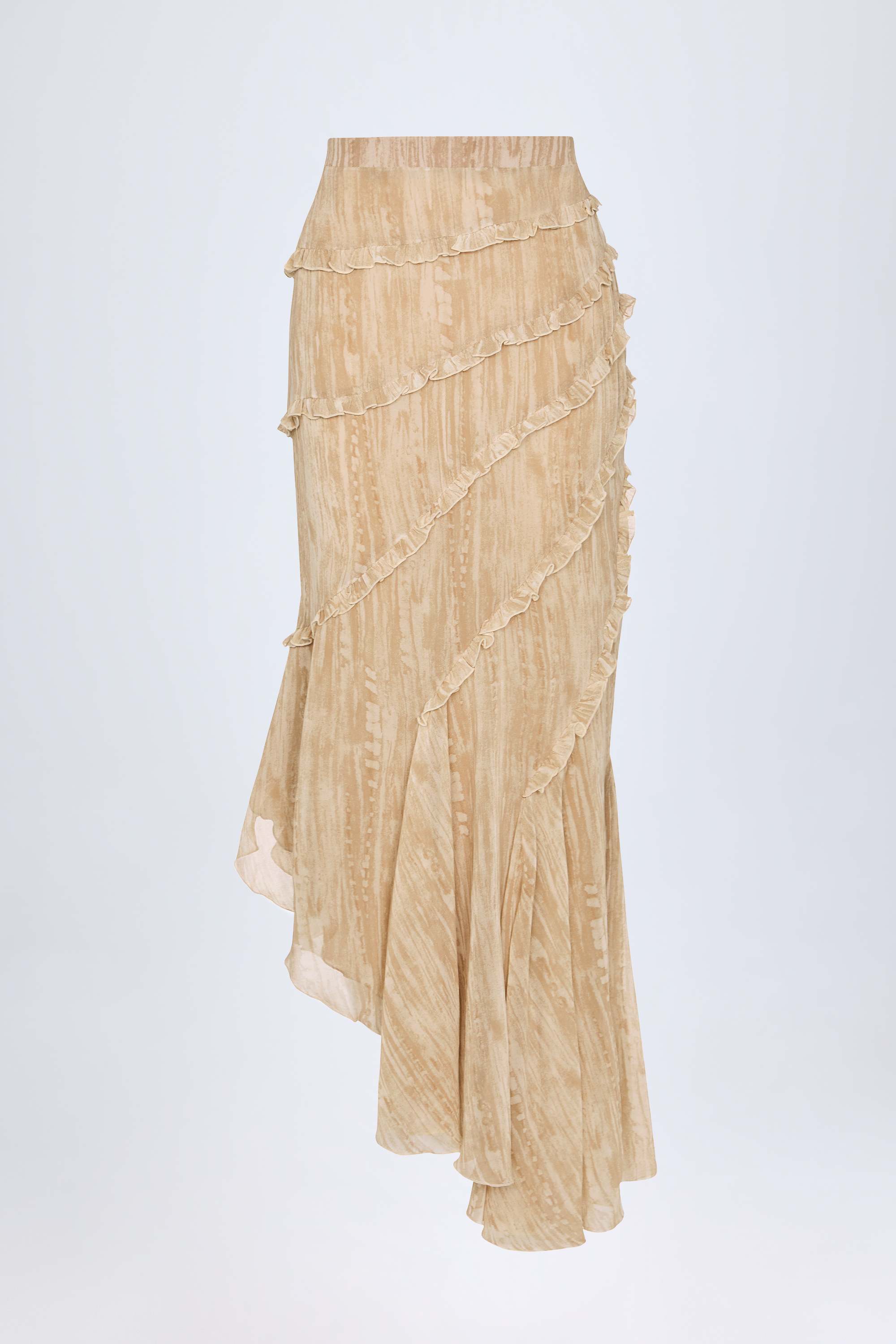 Novina-Ruffled Asymmetric Mid-Rise Maxi Skirt in Tan Print