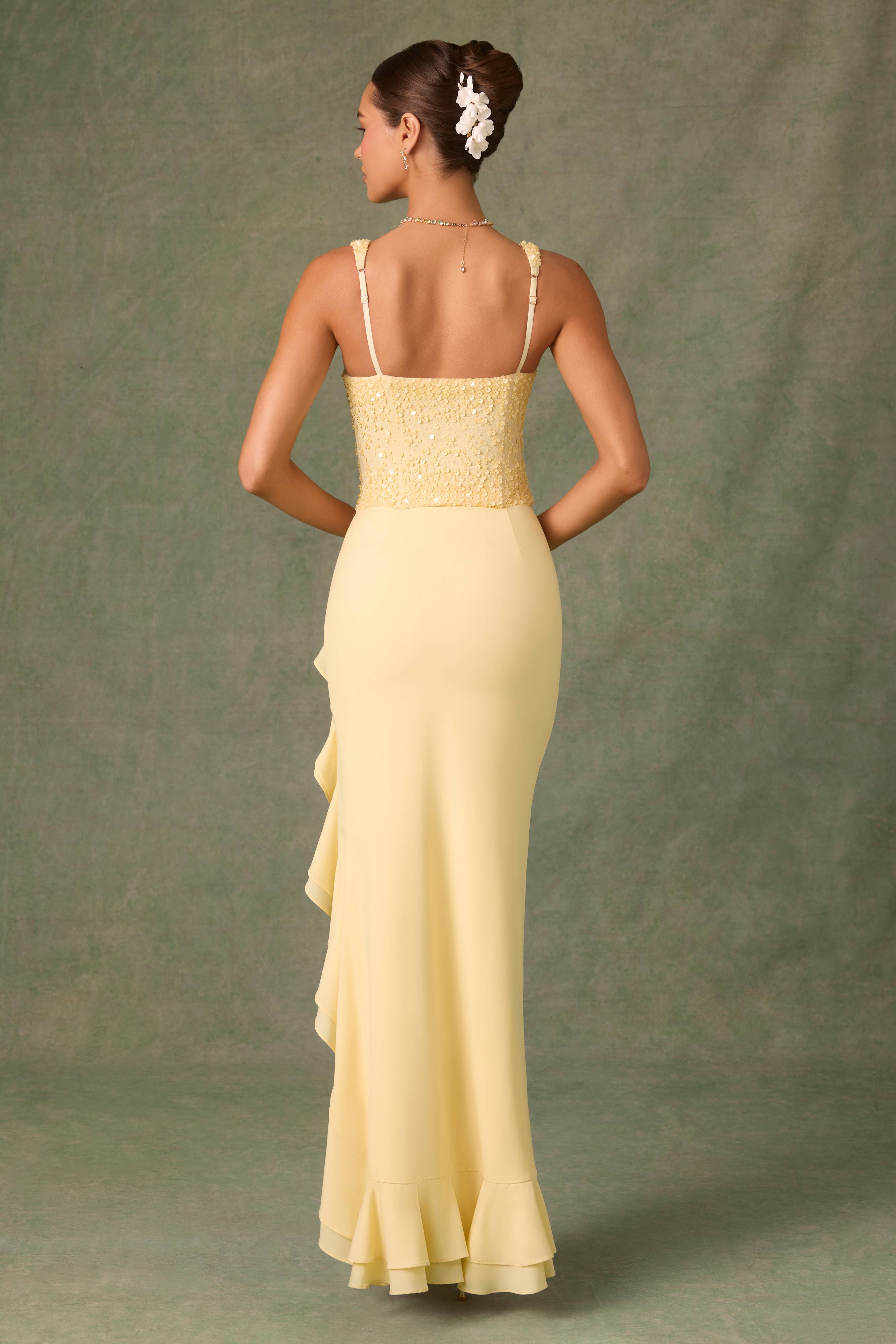 Robina-Embellished Ruffle-Trim Corset Gown in Yellow