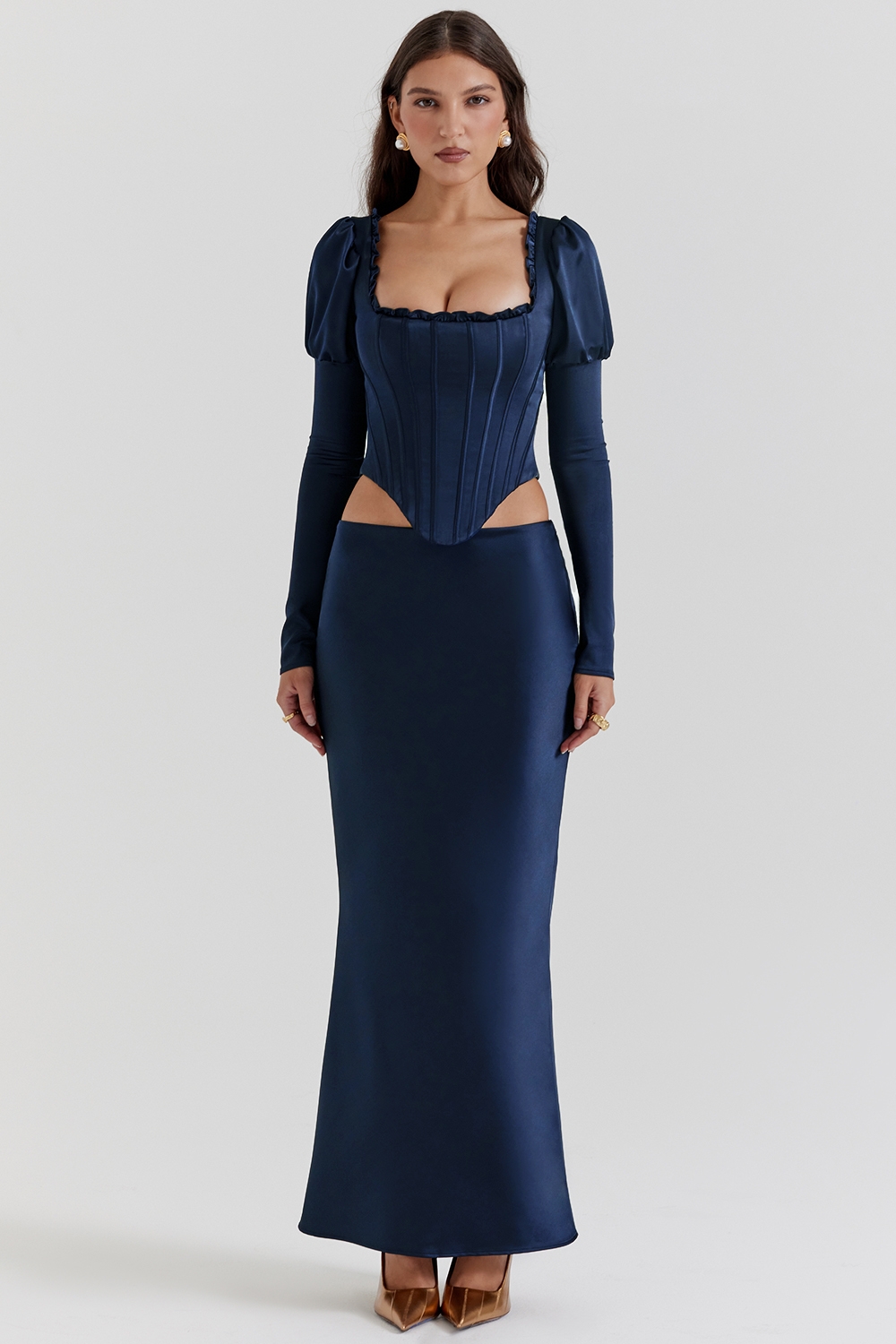Charlene-Navy Satin Bias Cut Maxi Skirt