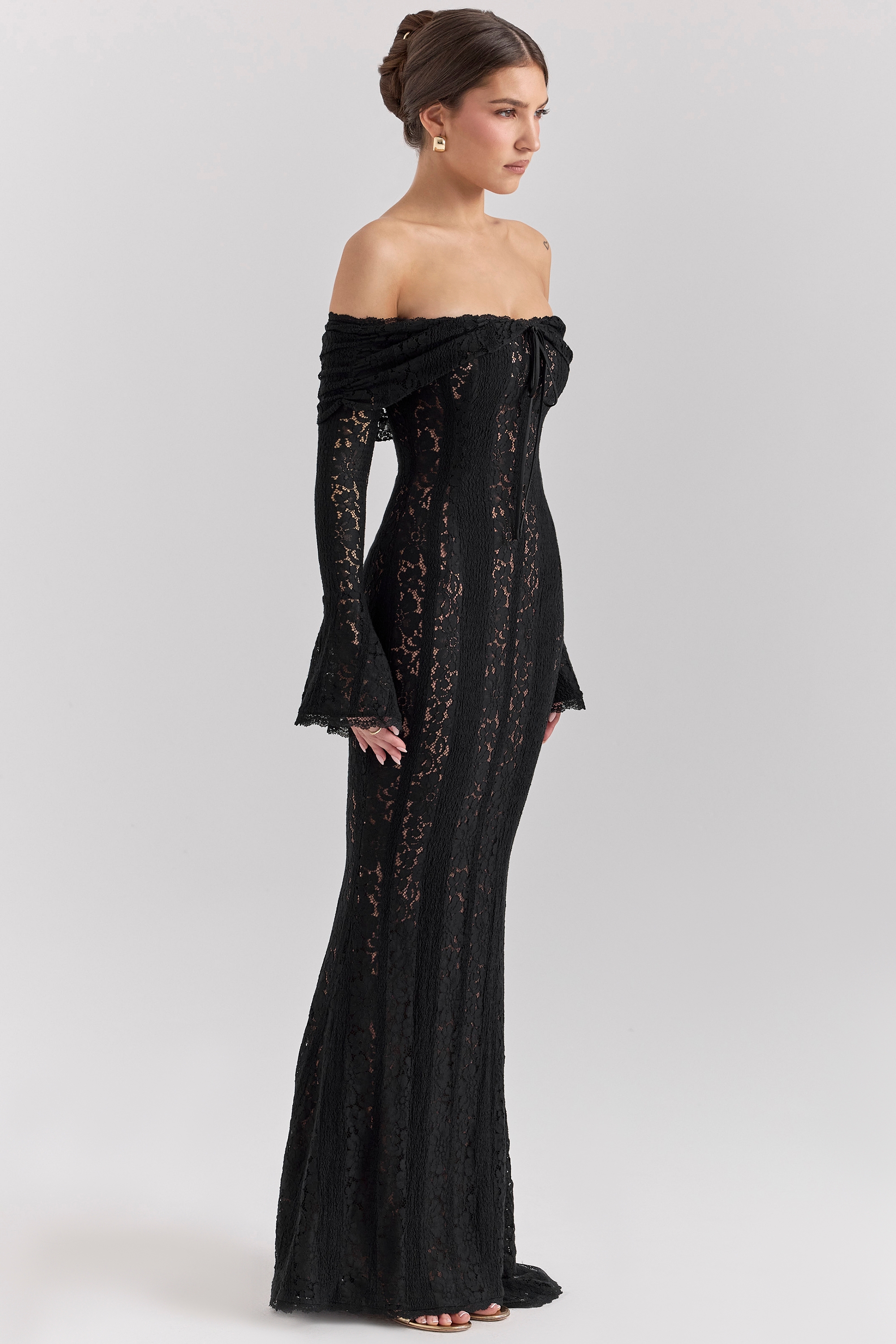 Belle-Black Off Shoulder Floral Lace Maxi Dress