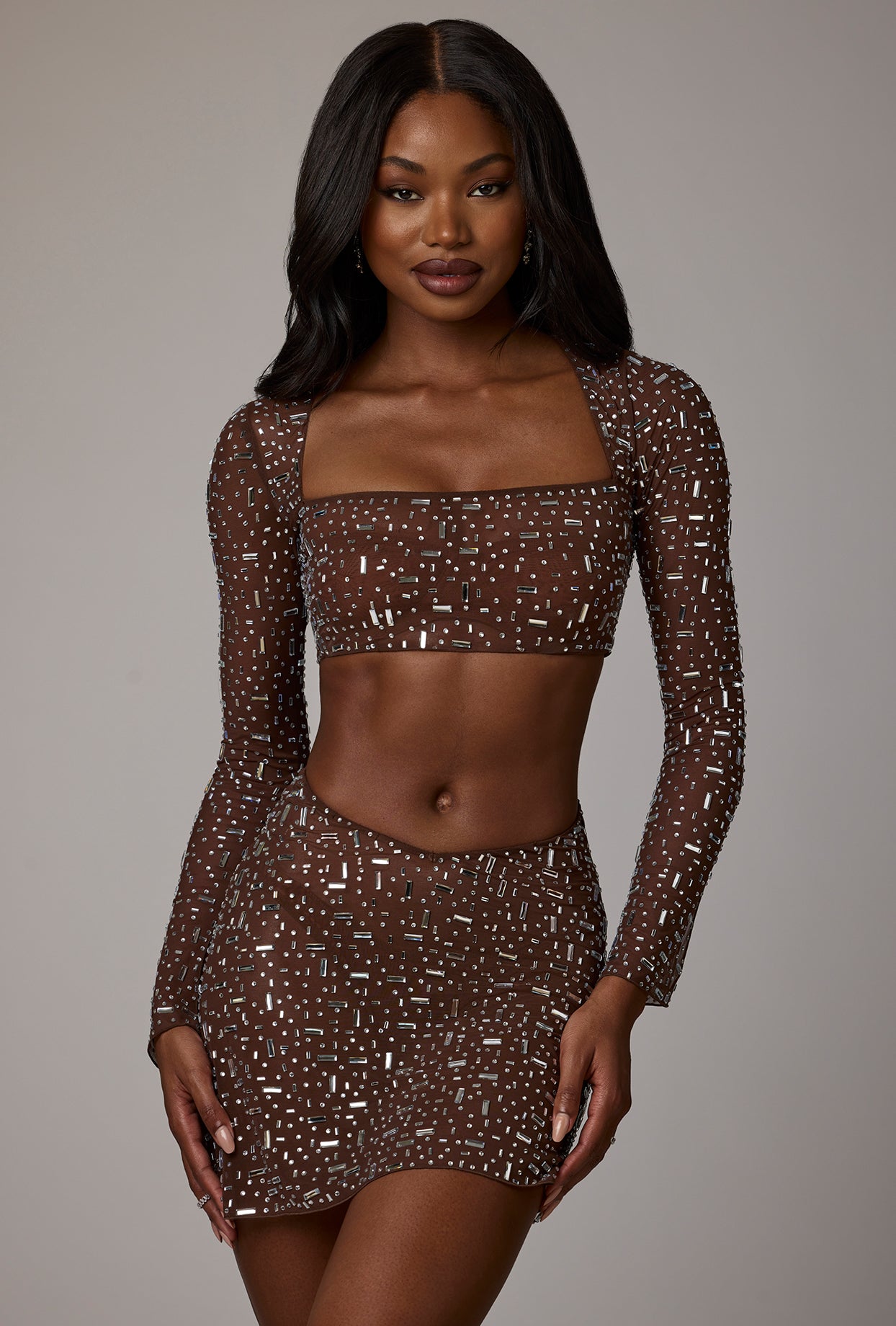 Thalassa-Sheer Embellished V Waist Mini Skirt in Deep Cocoa