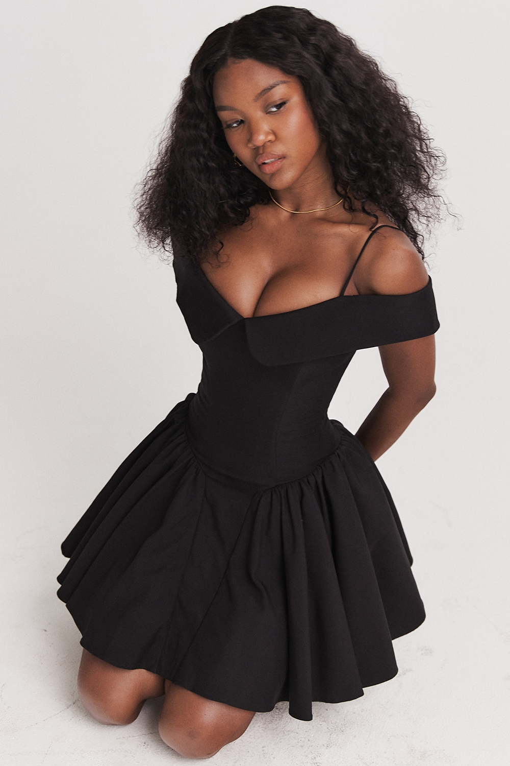 Elida-Black Off Shoulder Mini Dress