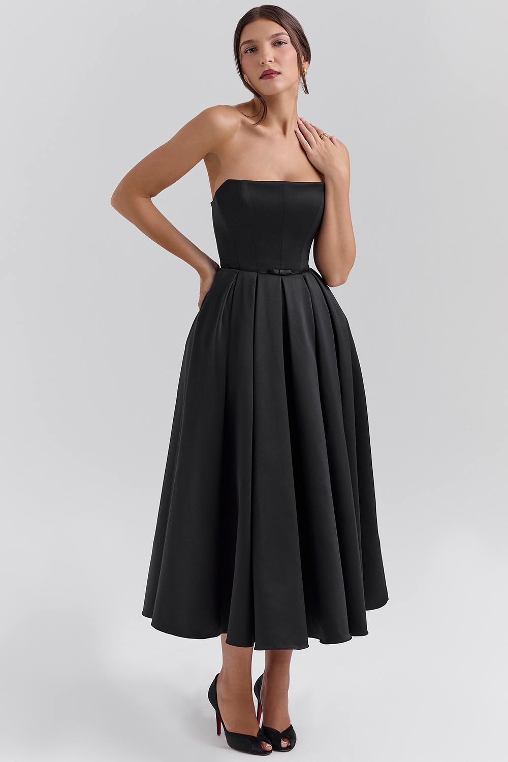 Contessa-Black Strapless Satin Corset Midi Dress - SALE