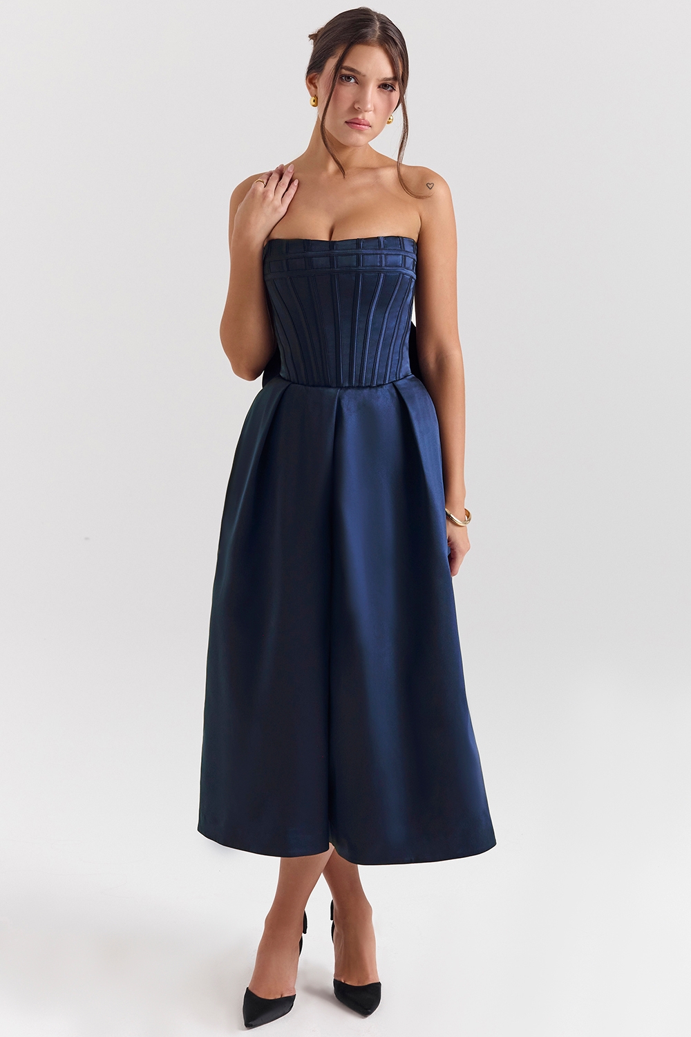 Bellina-Midnight Blue Strapless Detachable Bow Midi Dress