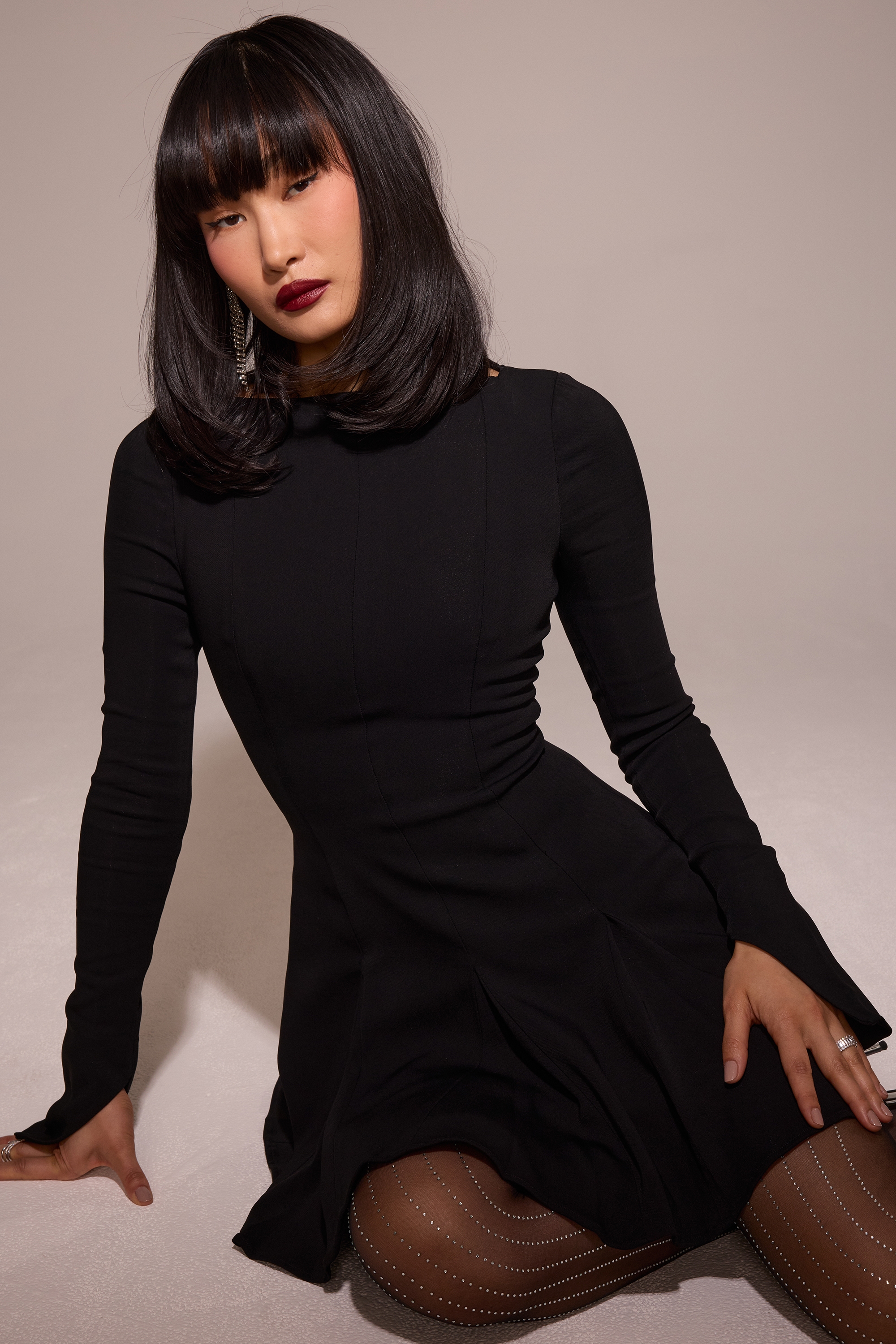 Francesca-Black Stretch Crepe Godet Mini Dress
