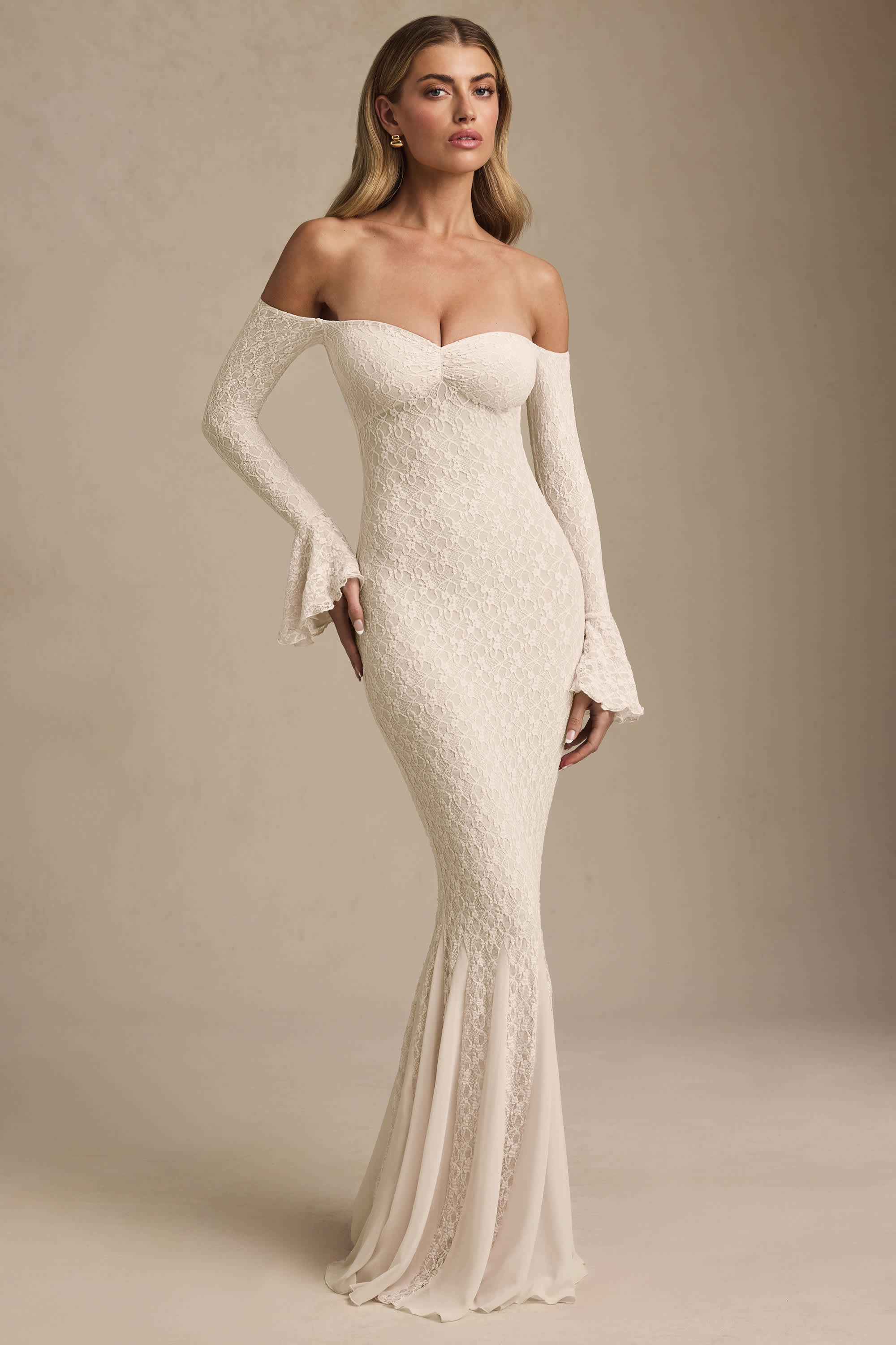 Verena-Off-Shoulder Ruffle Lace Maxi Dress in Ivory