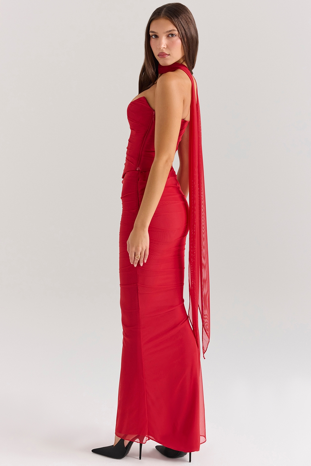 Cassidy-Holly Red Mesh Maxi Skirt with Fluted Hem