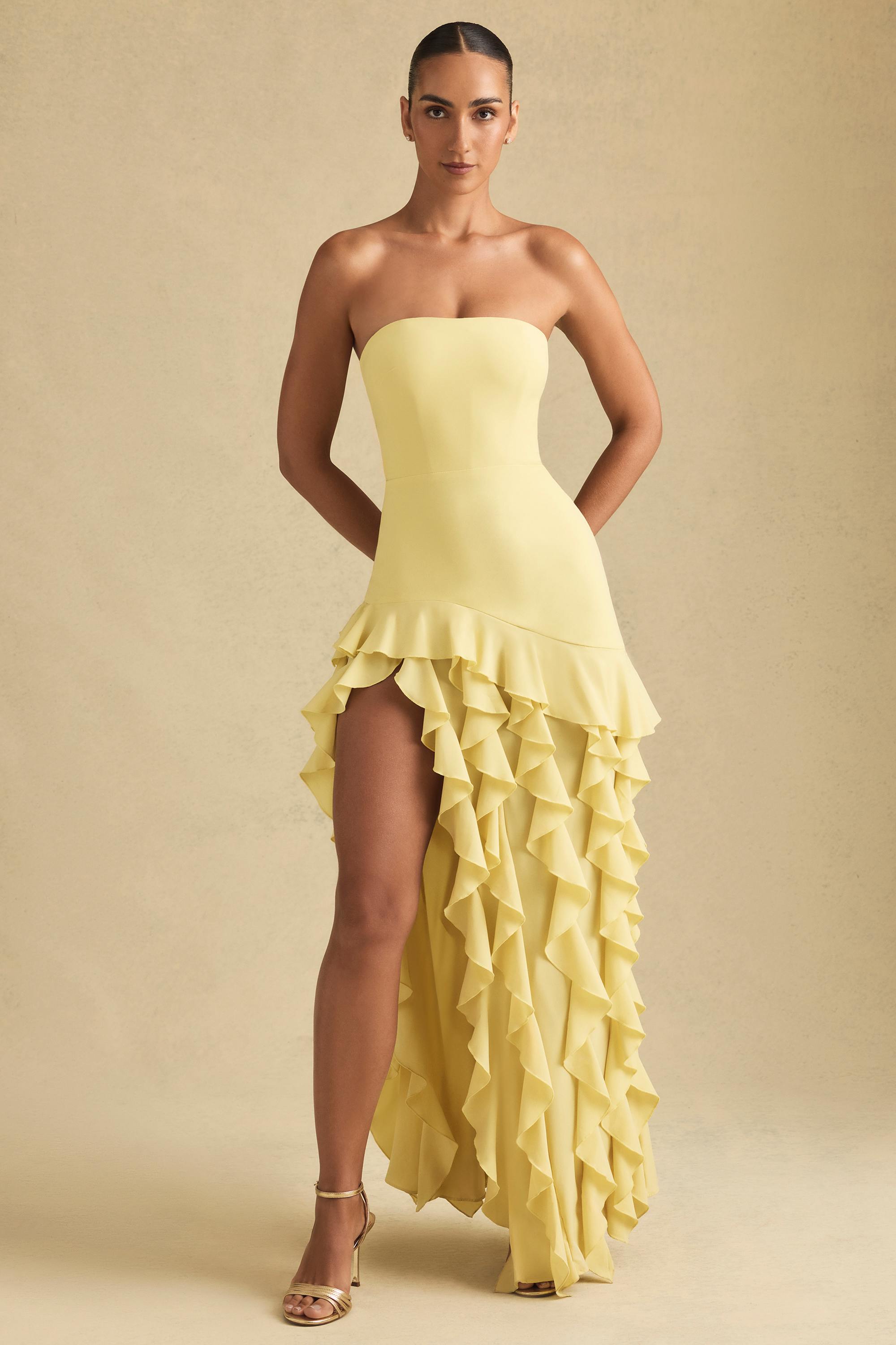Diletta-Ruffle-Trim Strapless Gown in Pastel Yellow