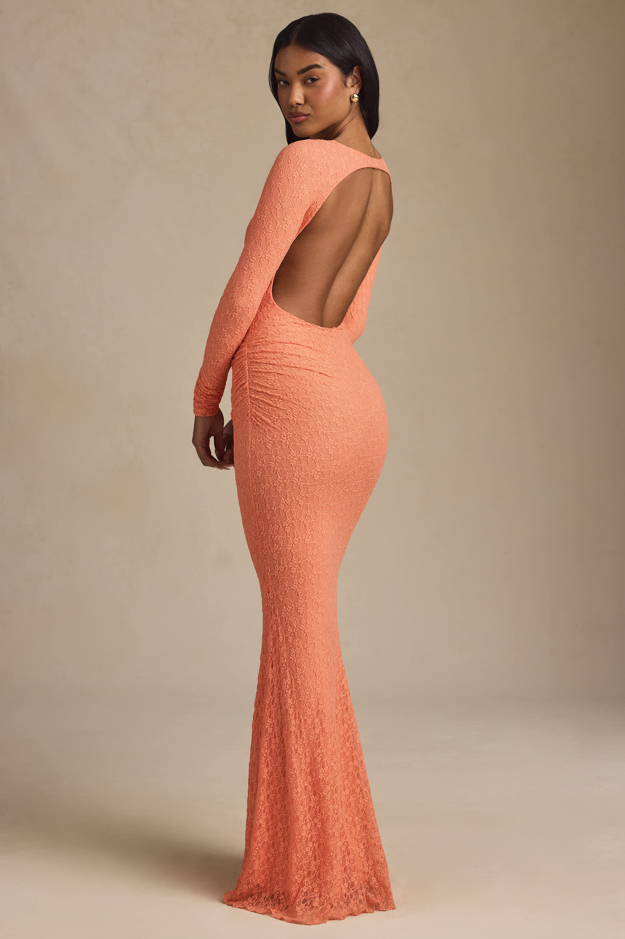 Tarini-Ruched Backless Lace Maxi Dress in Peach