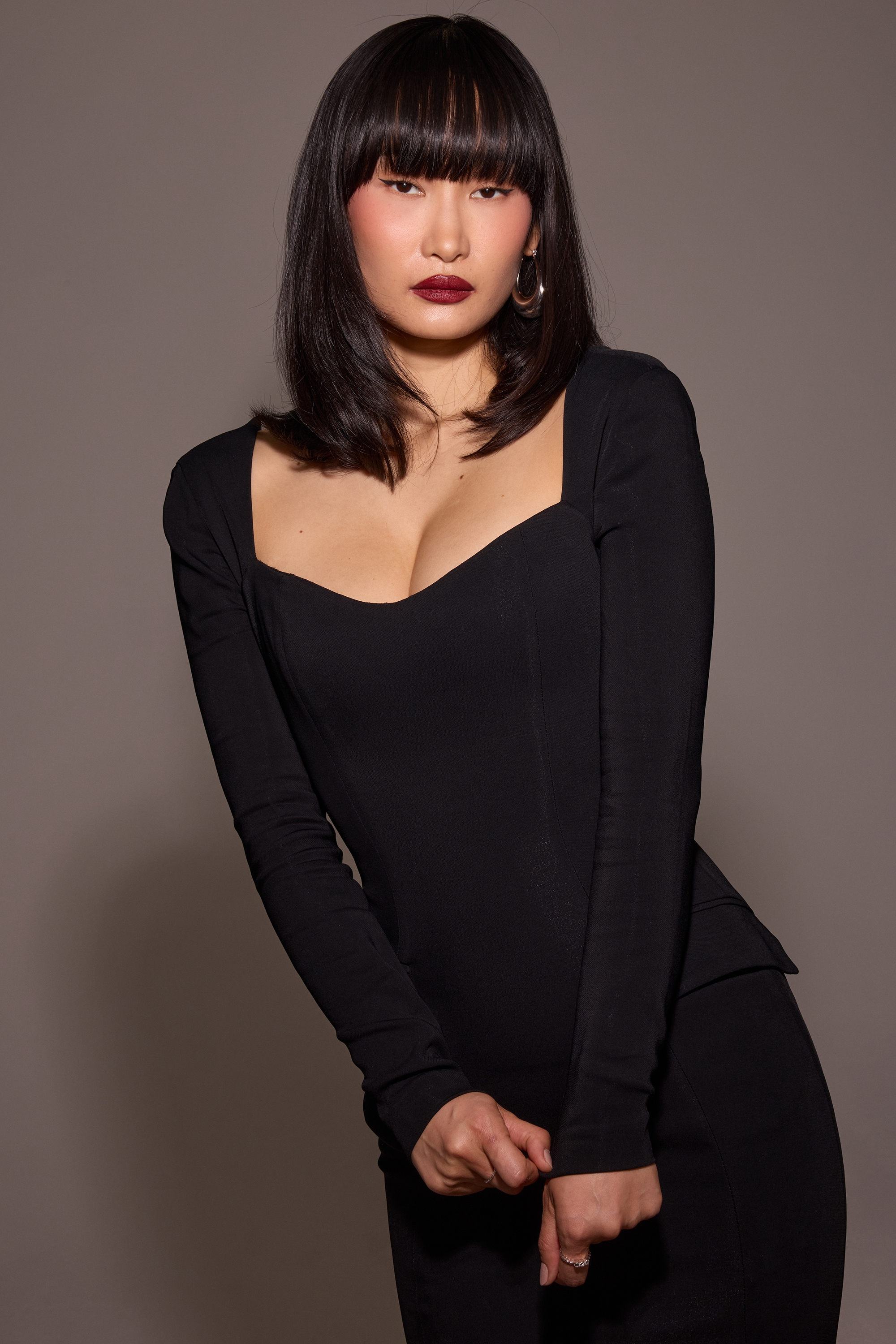 Ella-Black Stretch Crepe Long Sleeve Midi Dress