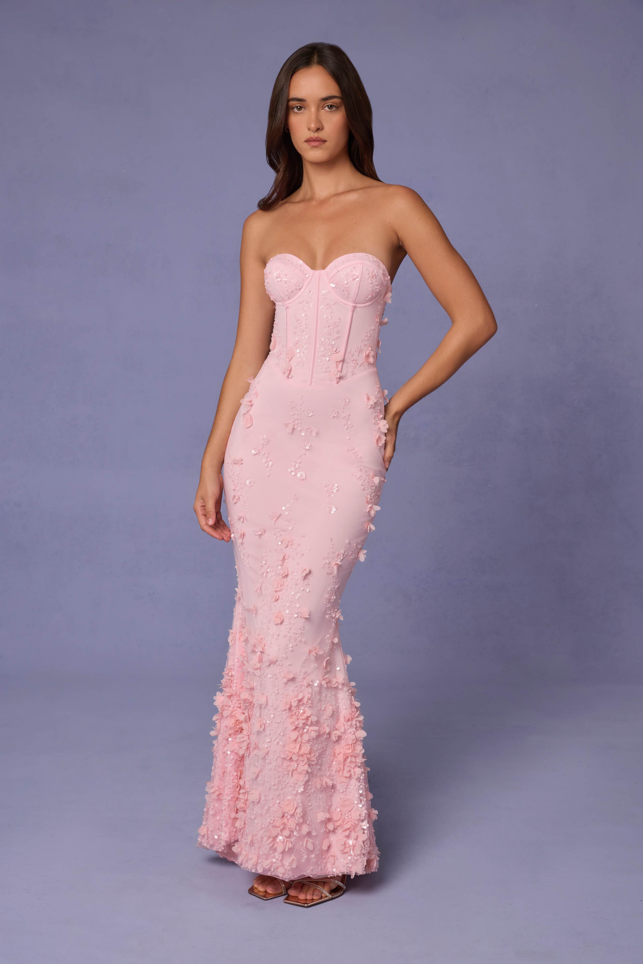 Amal-Lace-Up Corset Maxi Dress in Soft Pink