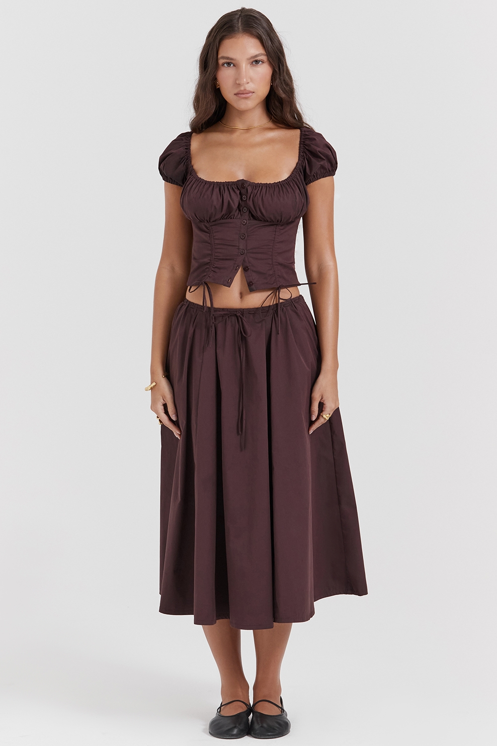 Cora-Rich Brown Gathered Midi Skirt