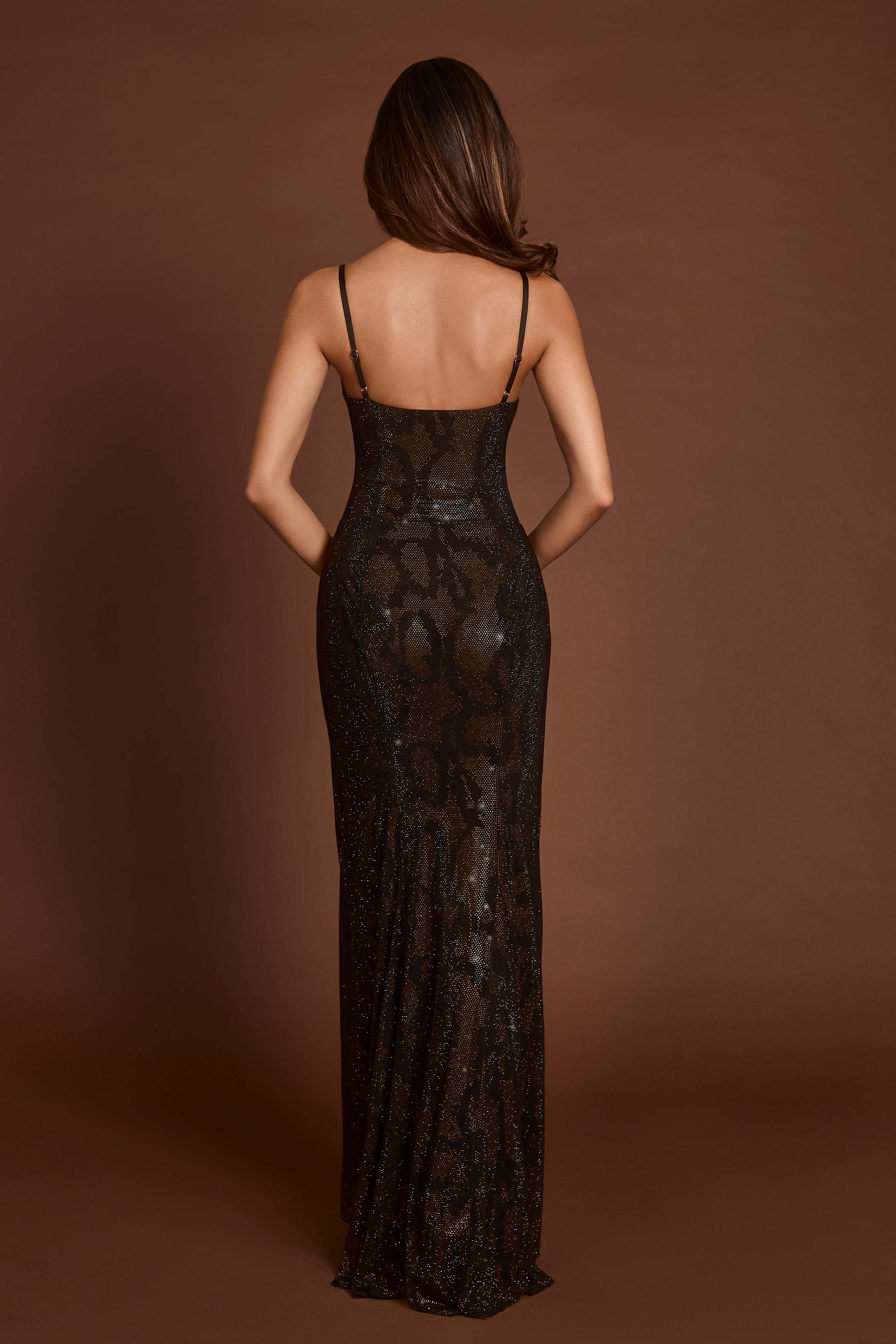 Velia-Embellished Peekaboo Cowl-Neck Dress in Brown Snake