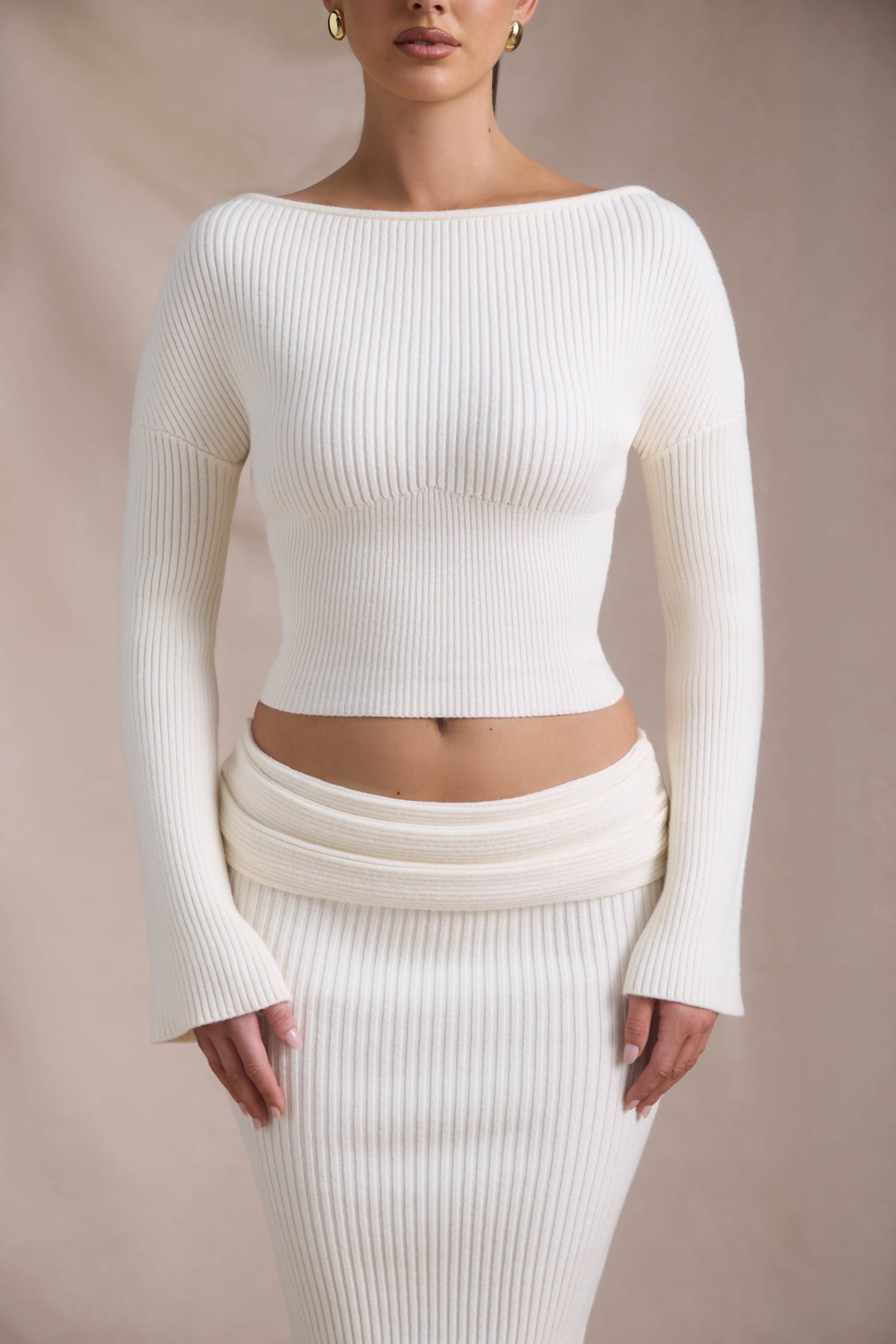Wilona-Ribbed-Knit Slash-Neck Top in Ivory