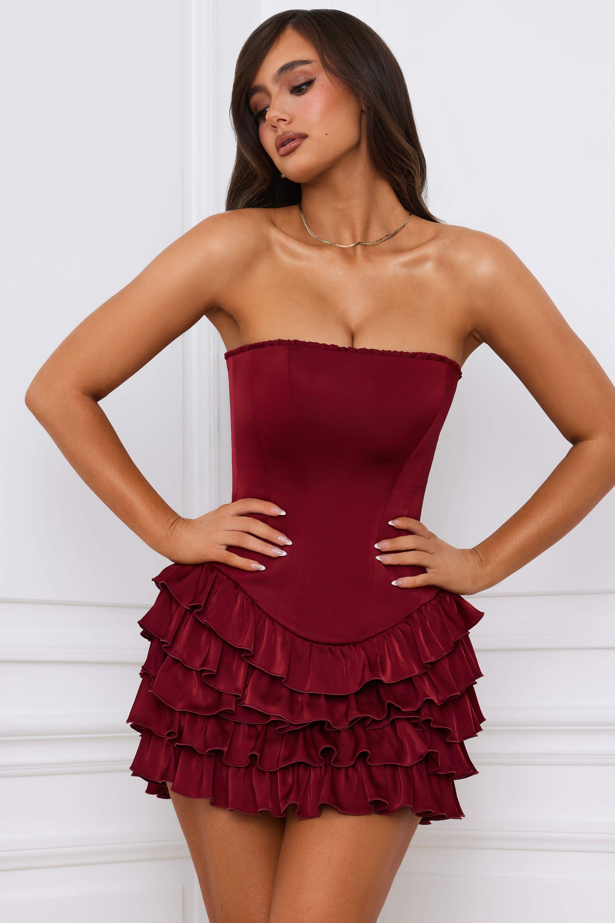 Juliet-Bandeau Ruffled Tiered Corset Mini Dress in Berry Red